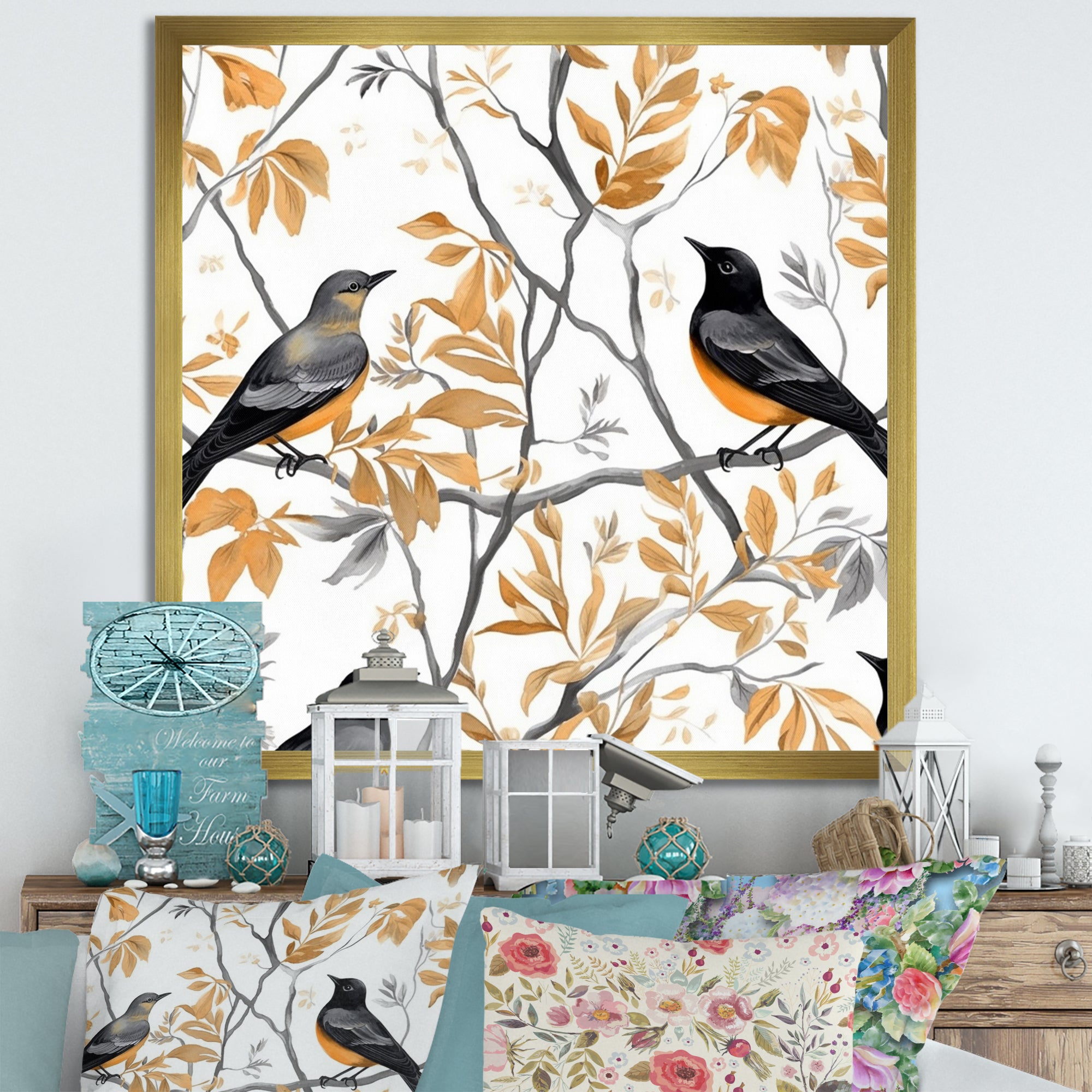 Brown Black Birds On Trees - Bird Large Canvas Wall Art