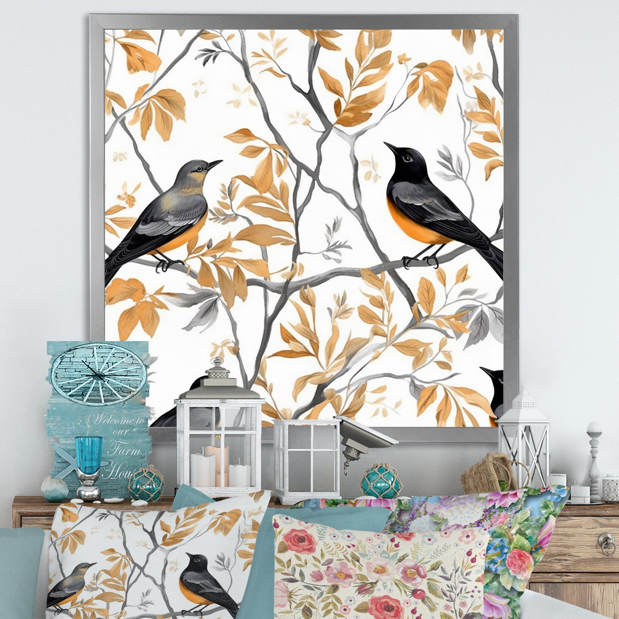 Brown Black Birds On Trees - Bird Large Canvas Wall Art