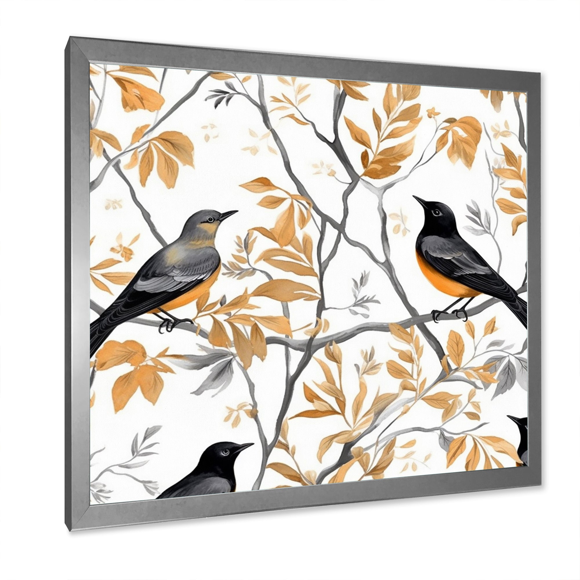 Brown Black Birds On Trees - Bird Large Canvas Wall Art