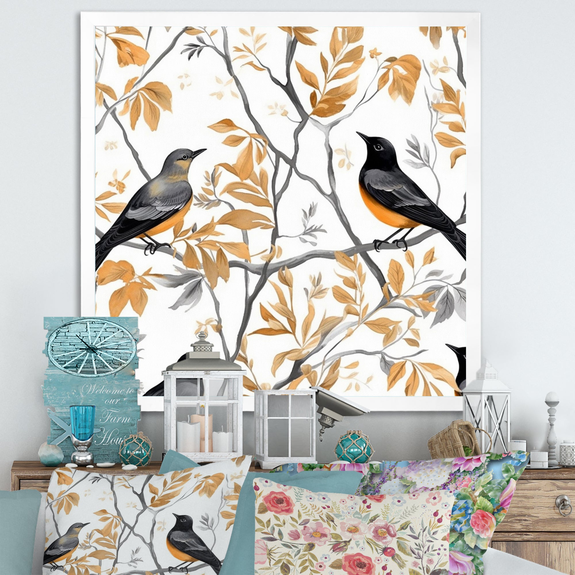 Brown Black Birds On Trees - Bird Large Canvas Wall Art