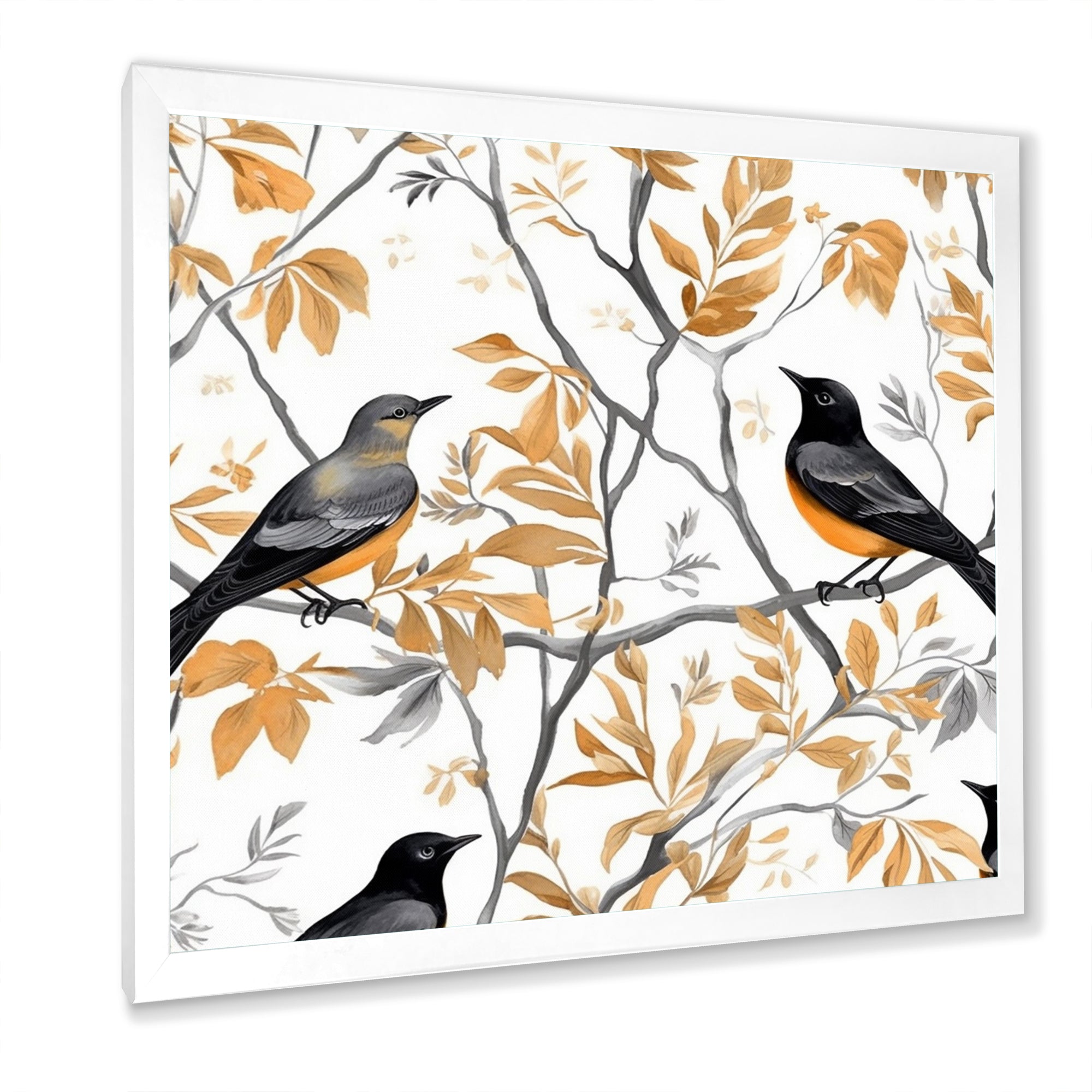 Brown Black Birds On Trees - Bird Large Canvas Wall Art