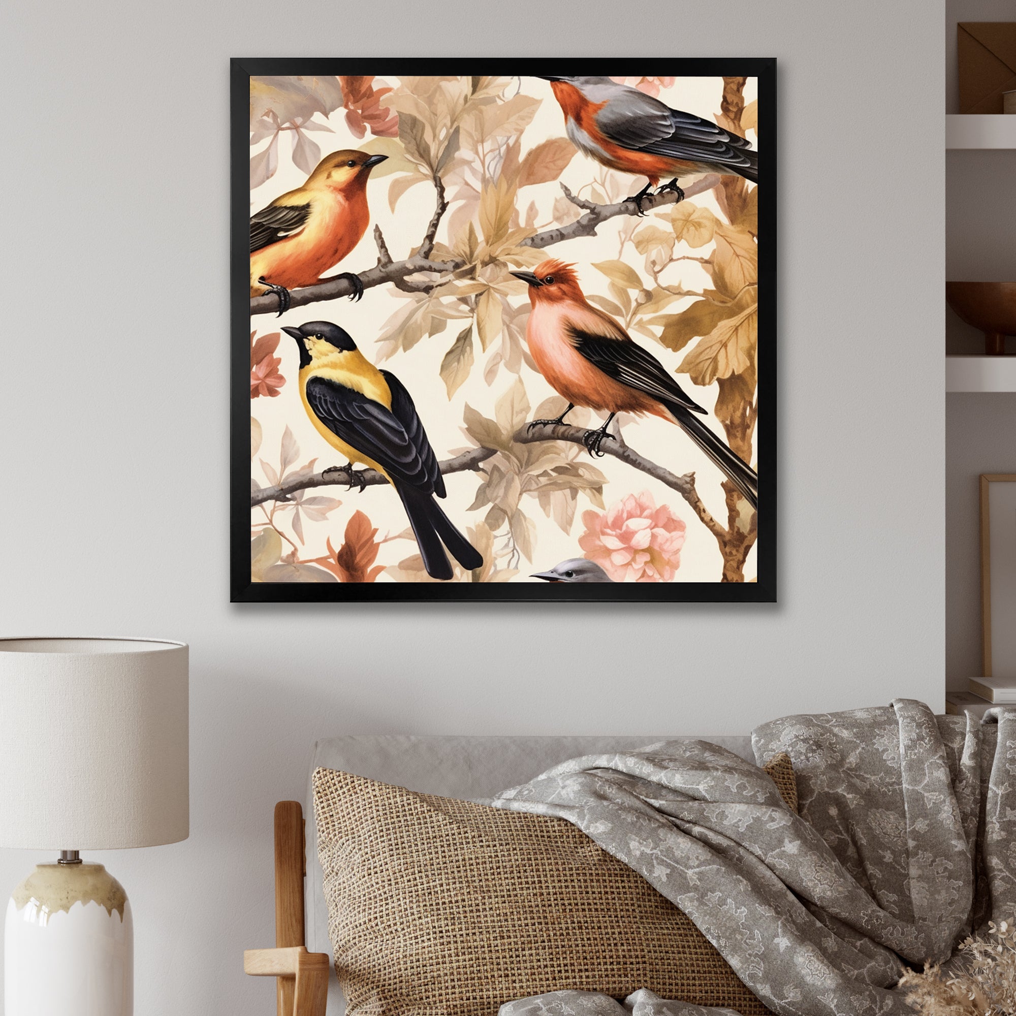 Yellow Black Birds On Trees - Bird Living Room Wall Art