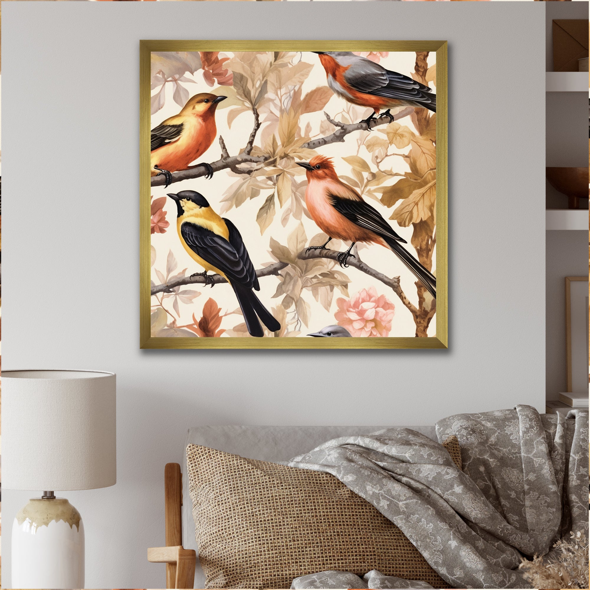 Yellow Black Birds On Trees - Bird Living Room Wall Art
