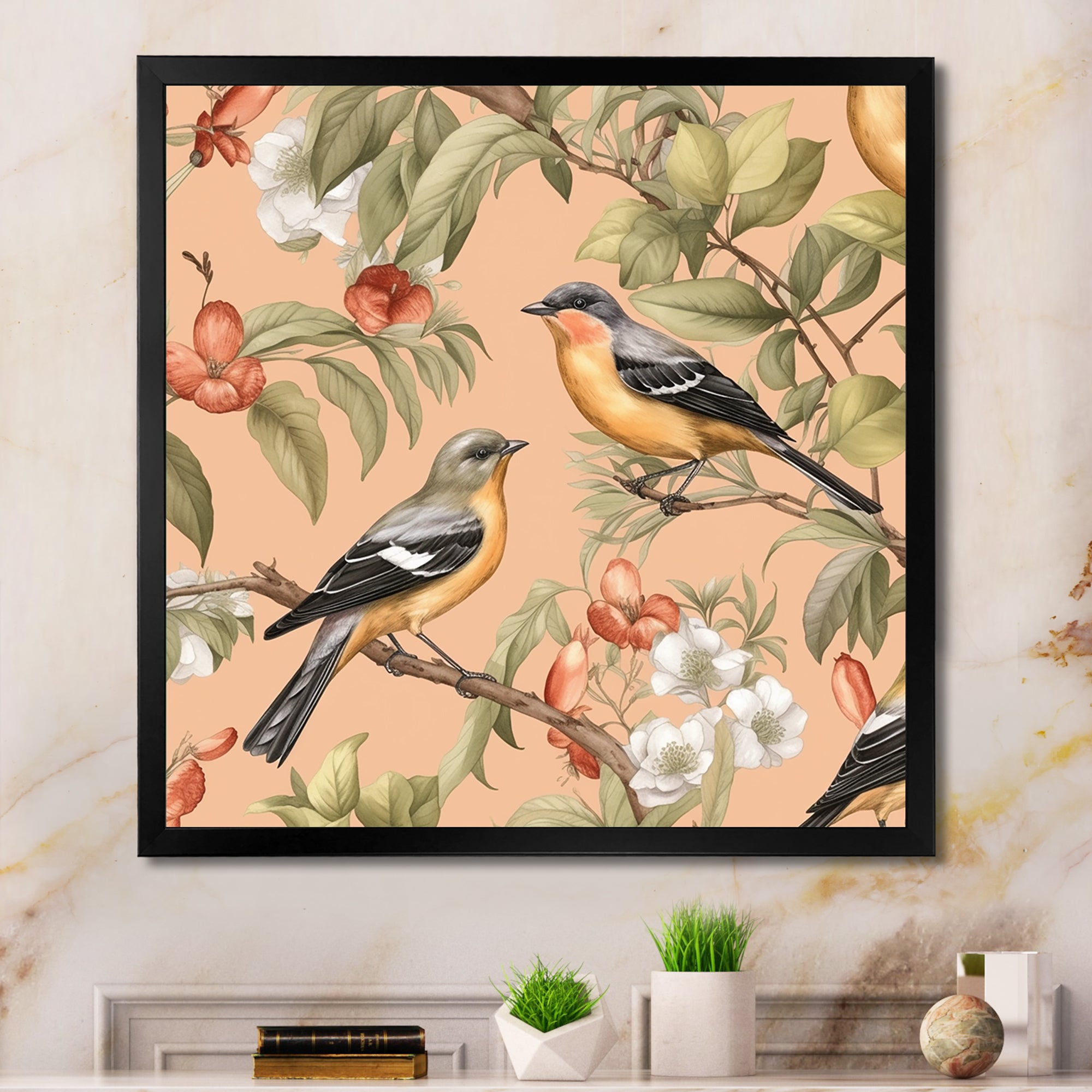 Green Yellow Birds On Trees - Bird Bedroom Wall Art