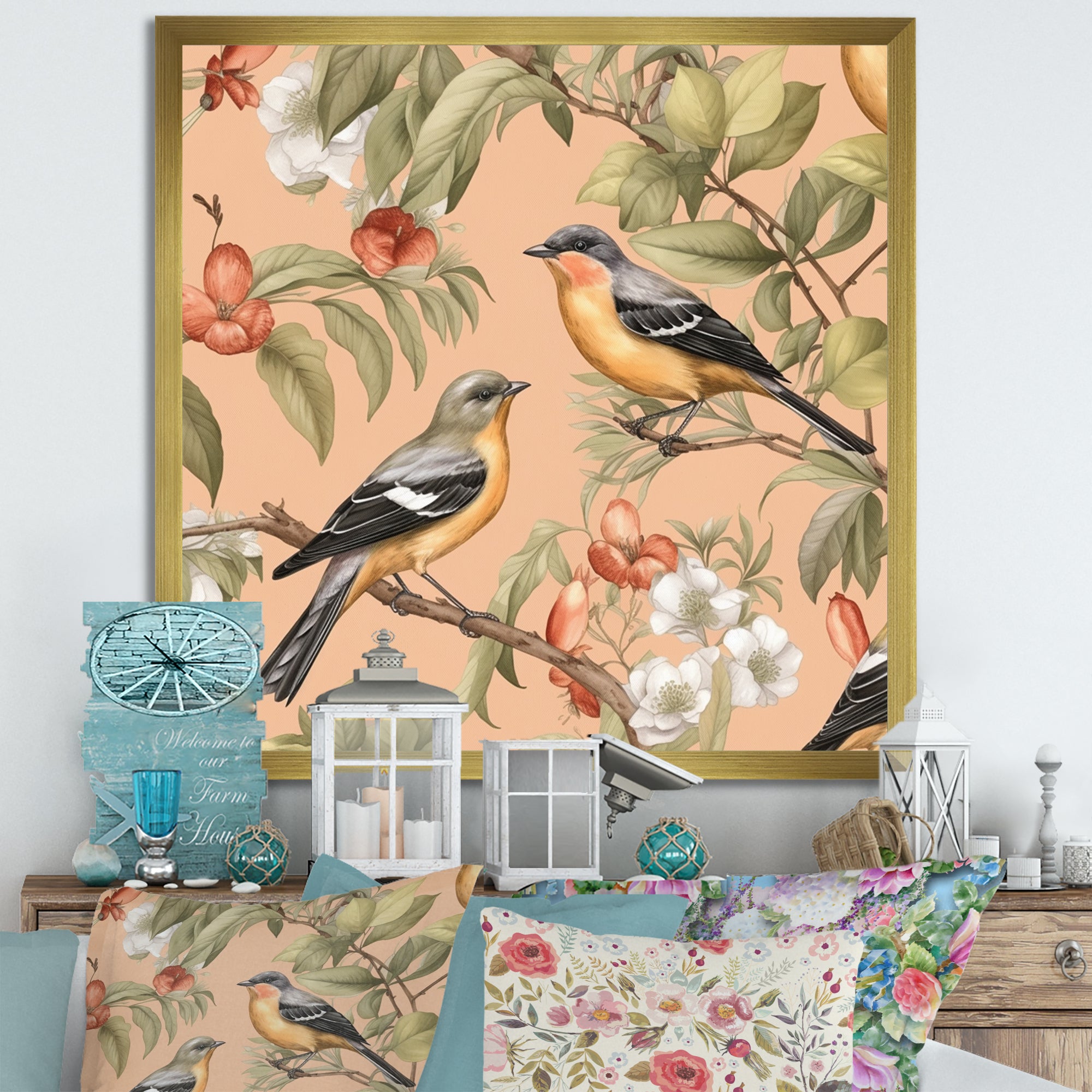 Green Yellow Birds On Trees - Bird Bedroom Wall Art