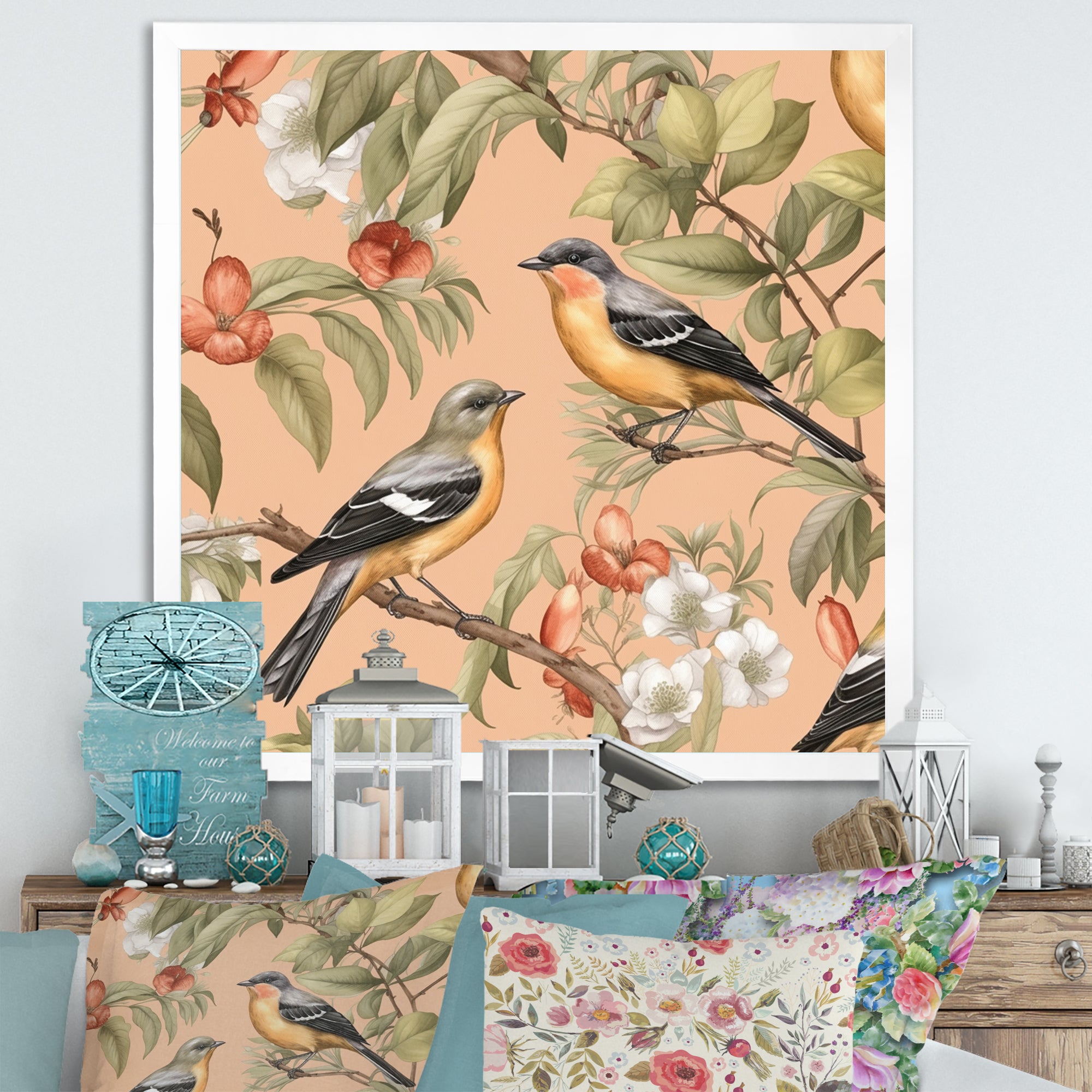 Green Yellow Birds On Trees - Bird Bedroom Wall Art