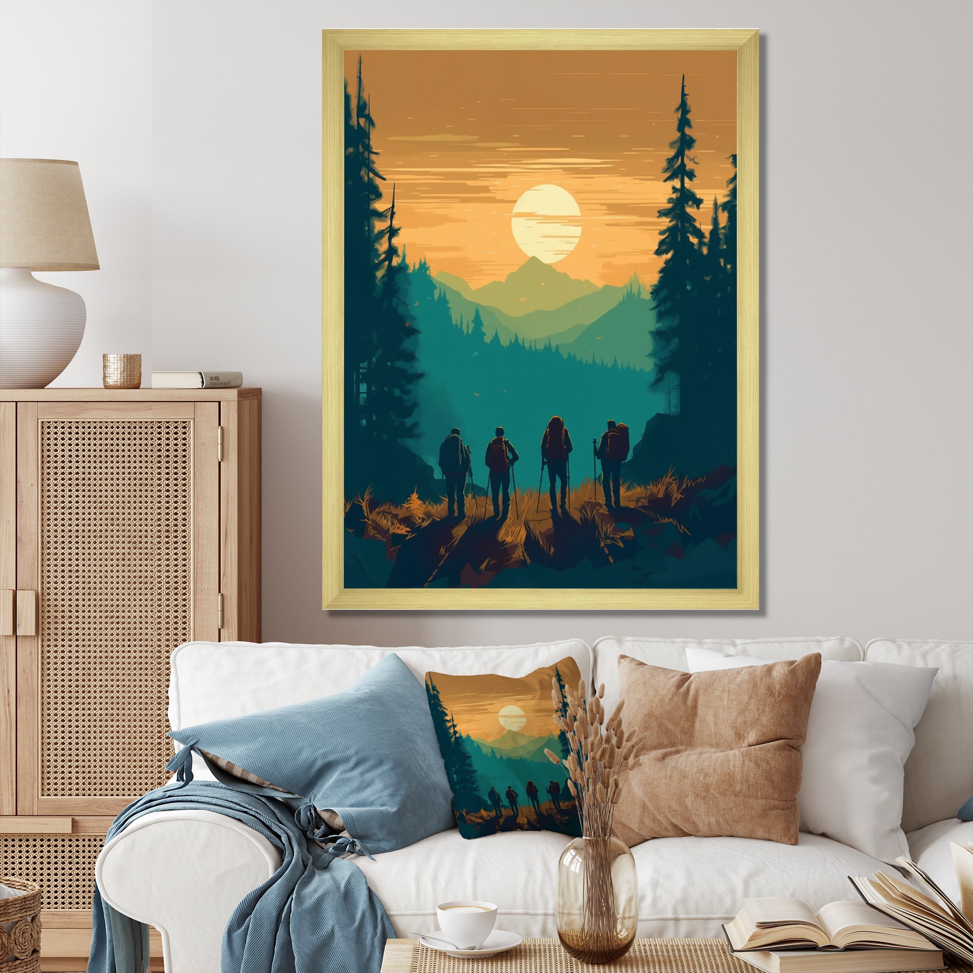Yellow Teal Bold Hiking Sunset I - Hiking Canvas Wall Art