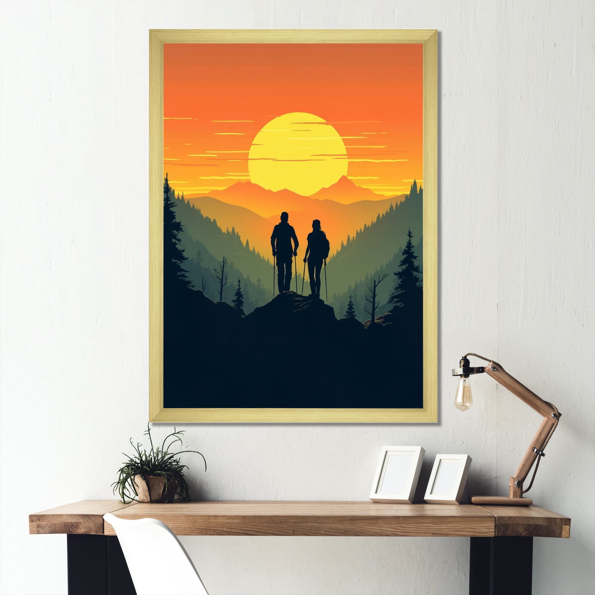 Orange Yellow Bold Hiking Sunset - Hiking Canvas Wall Art