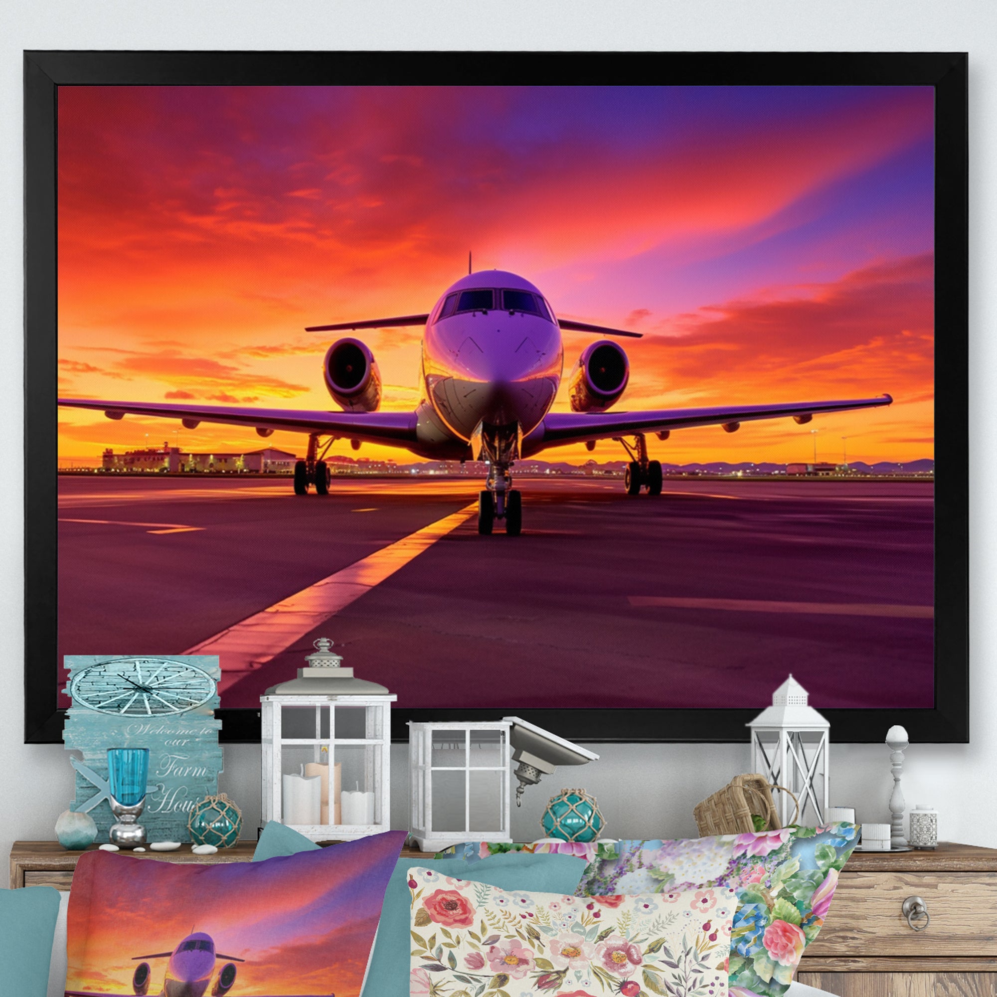 Airplane At Sunset I - Plane Canvas Wall Art