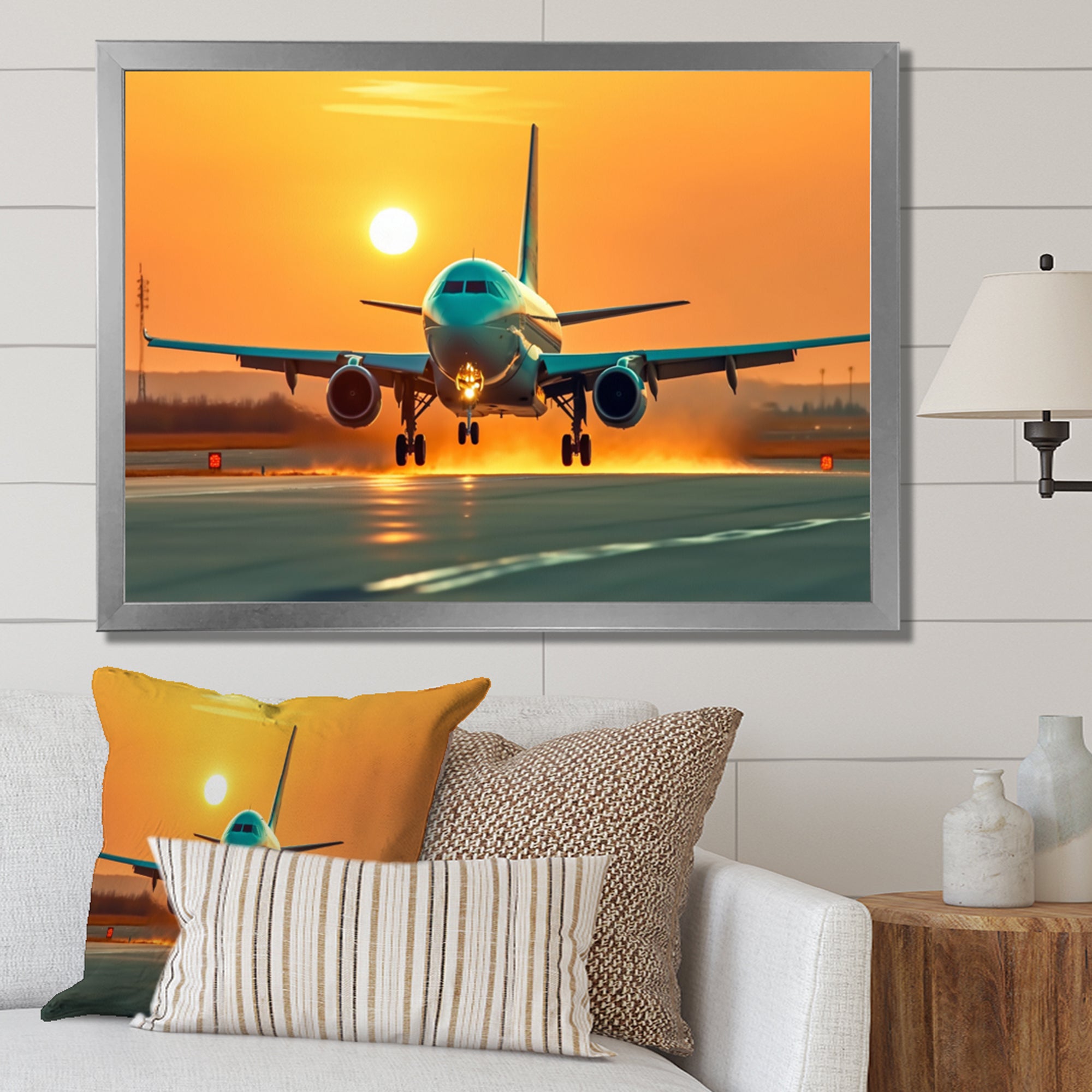 Sunset Airplane On The Tarmac I - Plane Canvas Wall Art