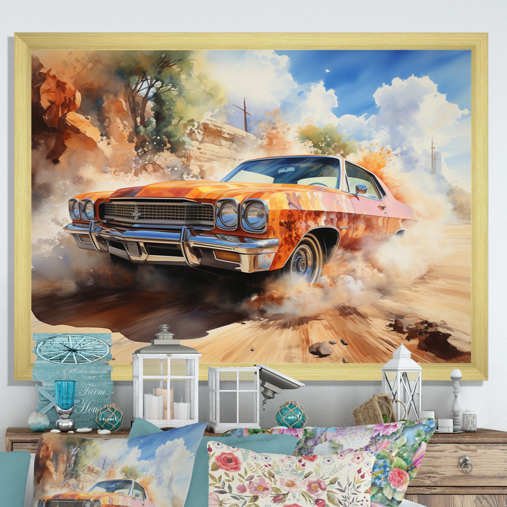 Orange Muscle Car On Offroad - Car Muscle Car Canvas Wall Art
