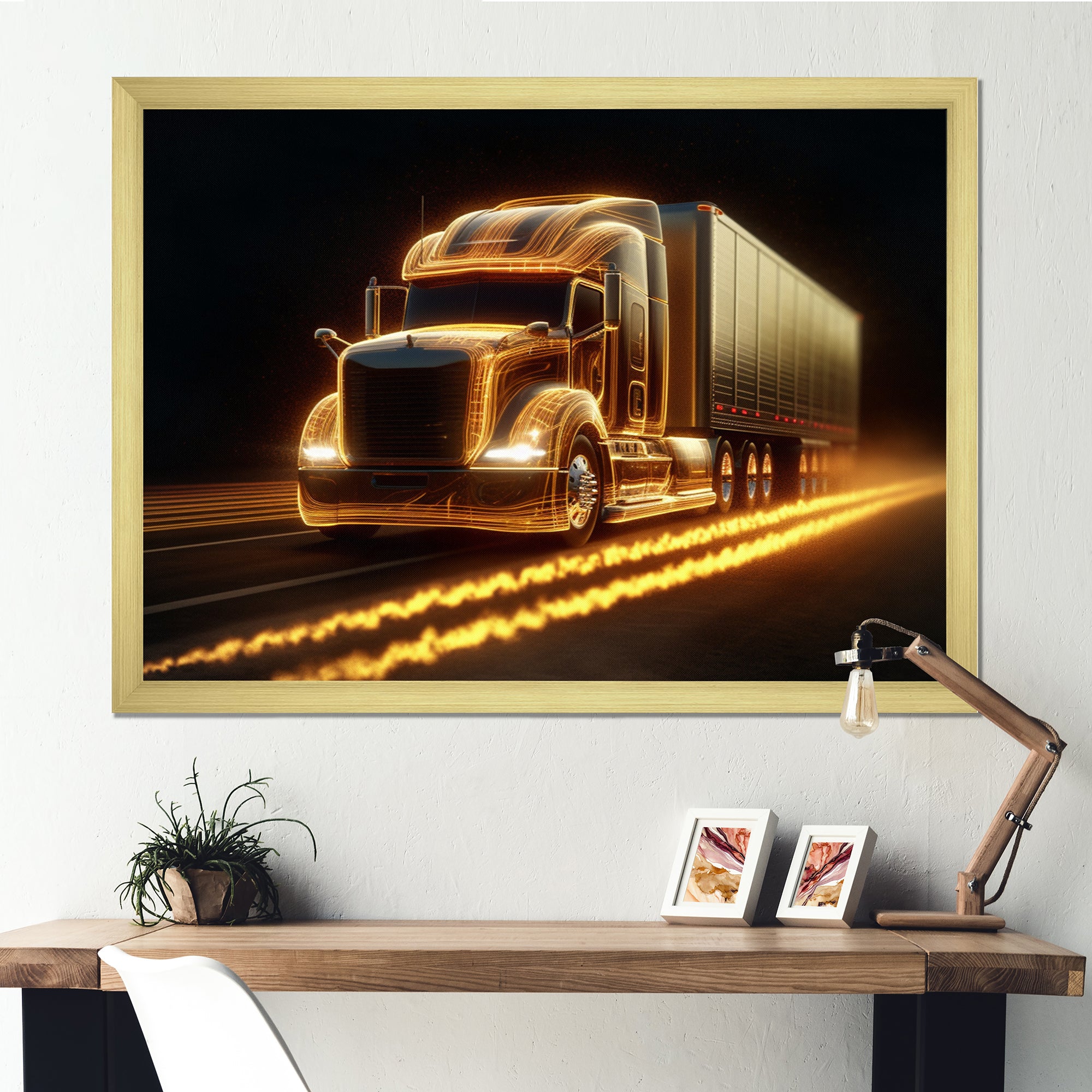 Yellow Neon Semi Truck - Neon Car Canvas Wall Art