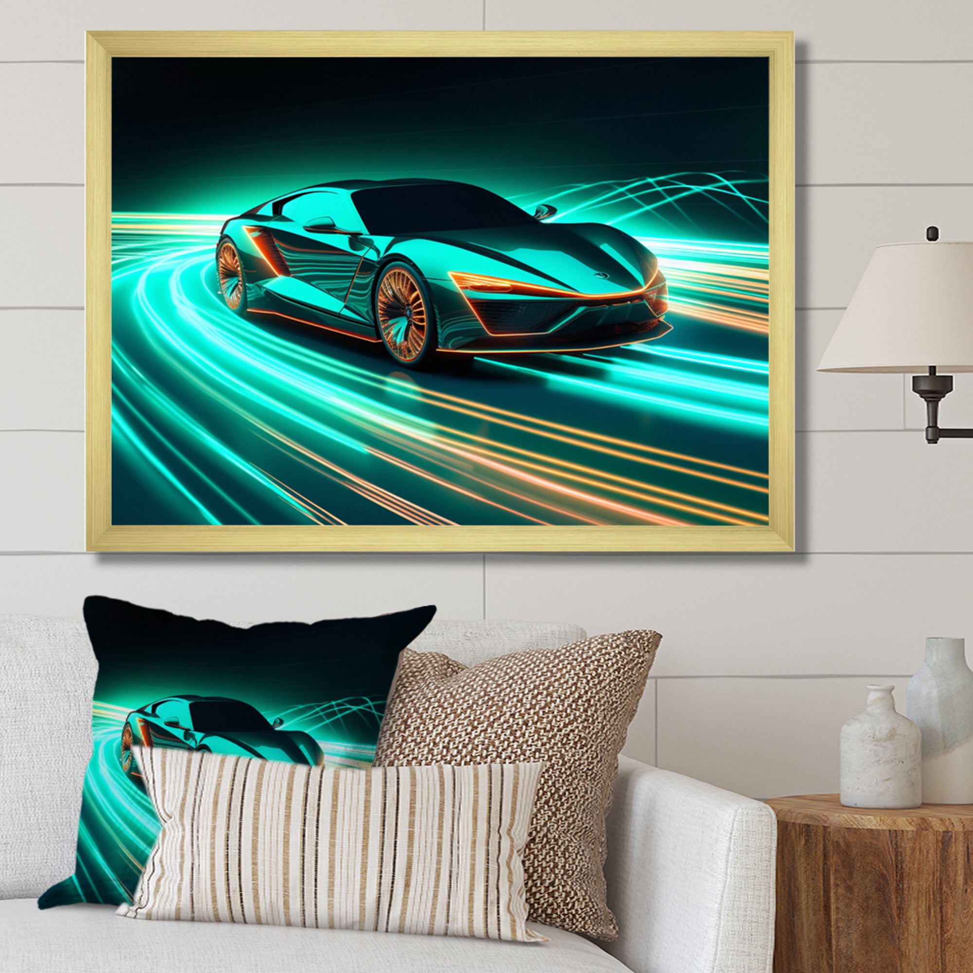 Teal Neon Exotic Car I - Neon Car Canvas Wall Art