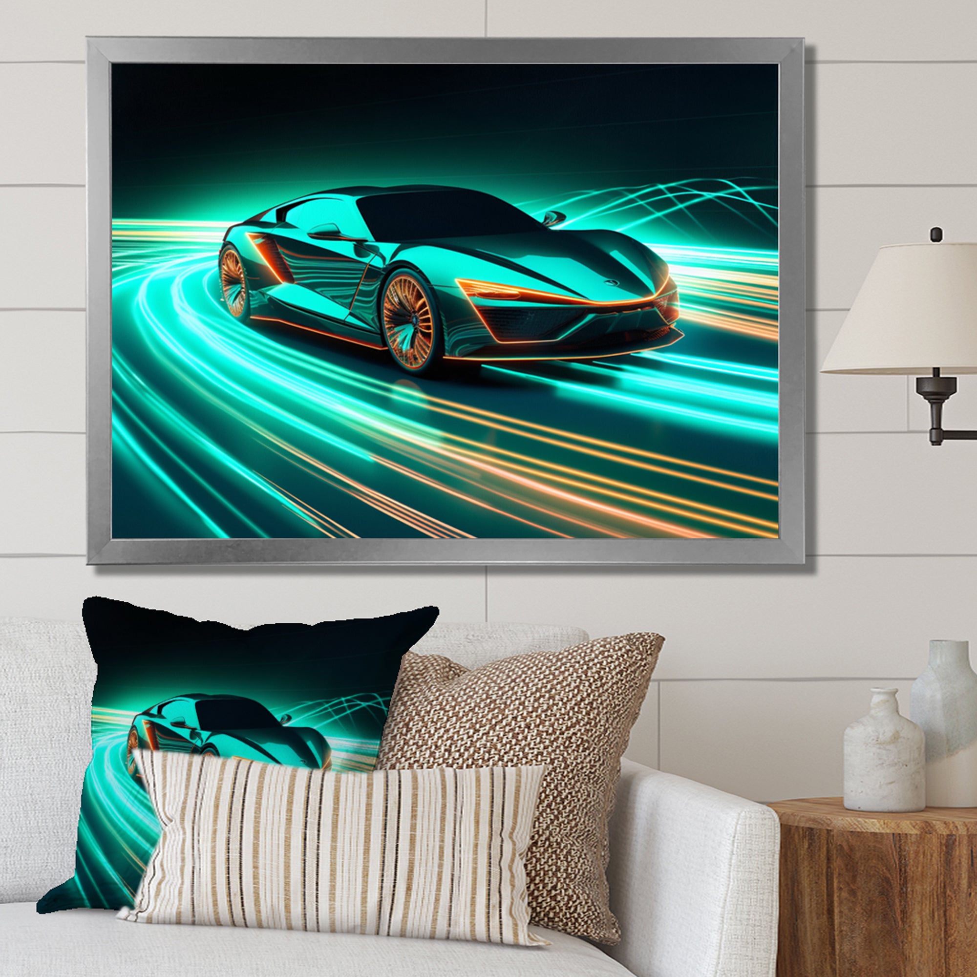 Teal Neon Exotic Car I - Neon Car Canvas Wall Art