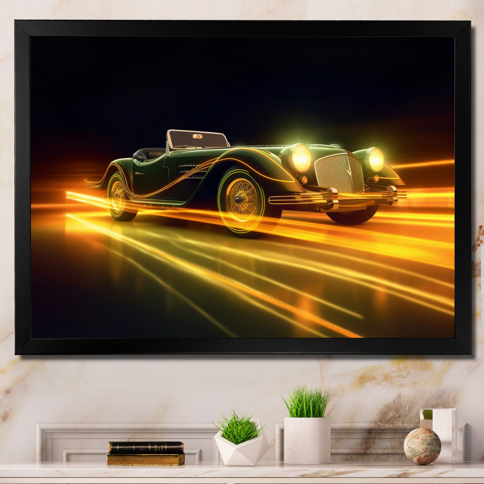 Yellow Neon Classic Car - Neon Car Canvas Wall Art