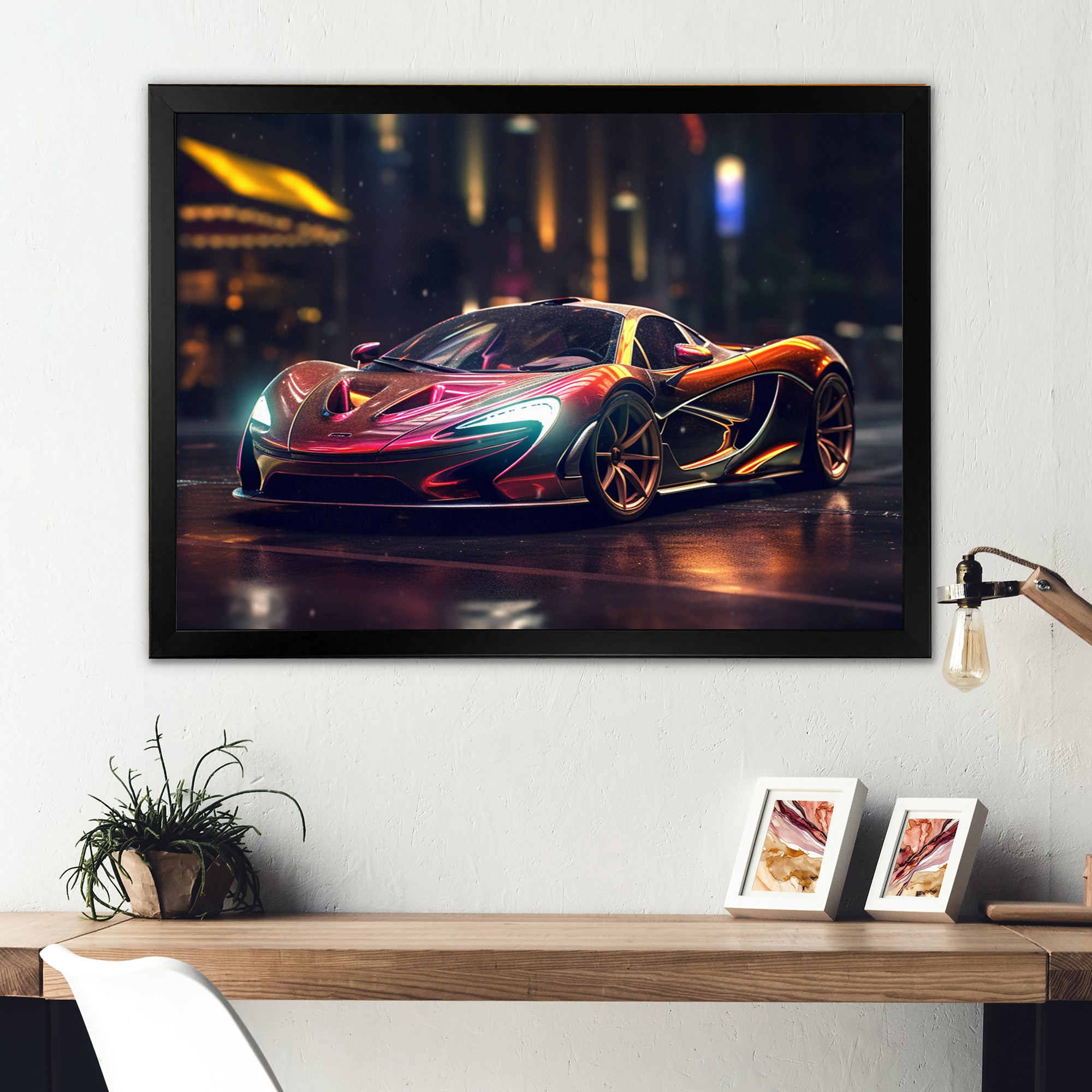 Exotic Car In The Neon Streets I - Neon Car Canvas Wall Art