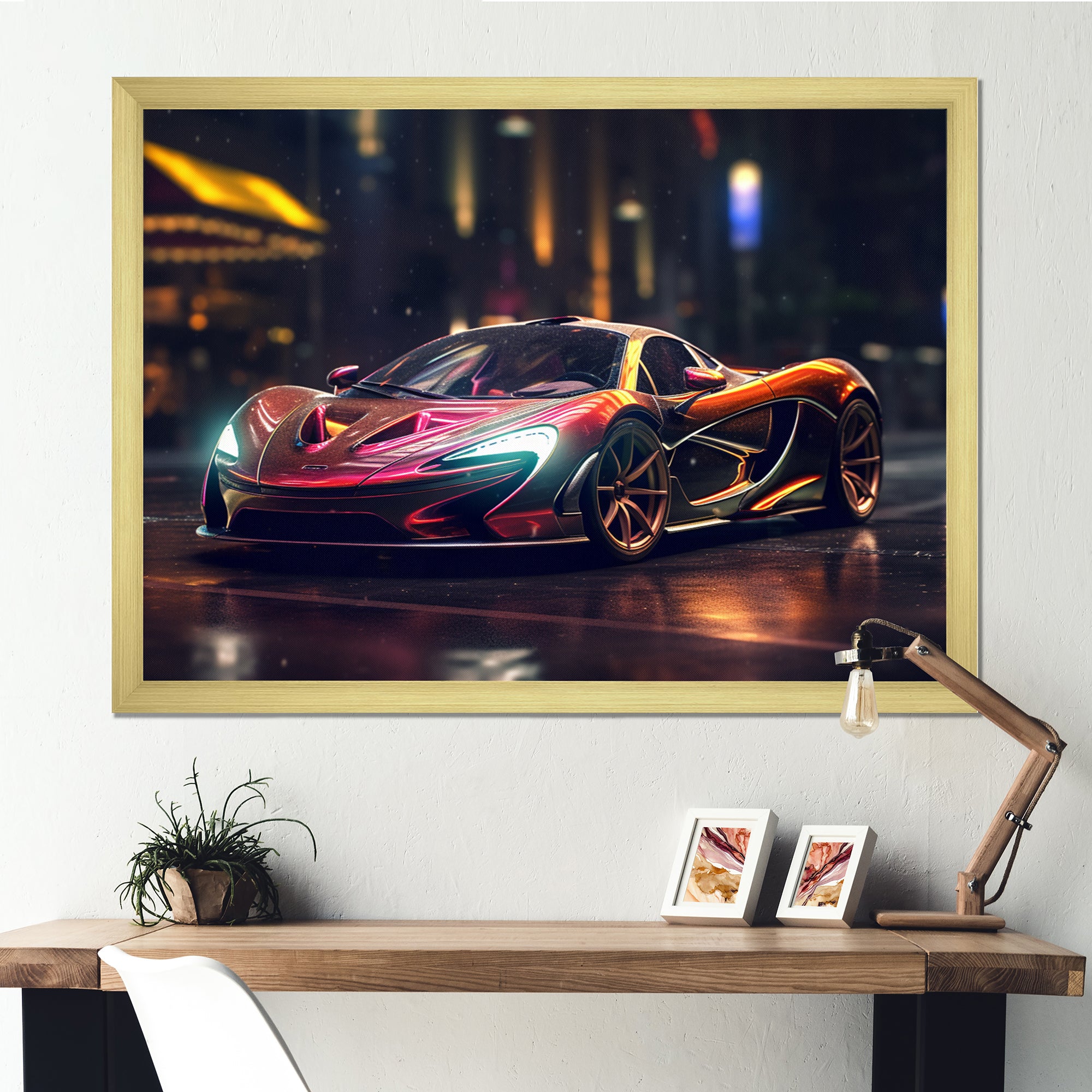Exotic Car In The Neon Streets I - Neon Car Canvas Wall Art