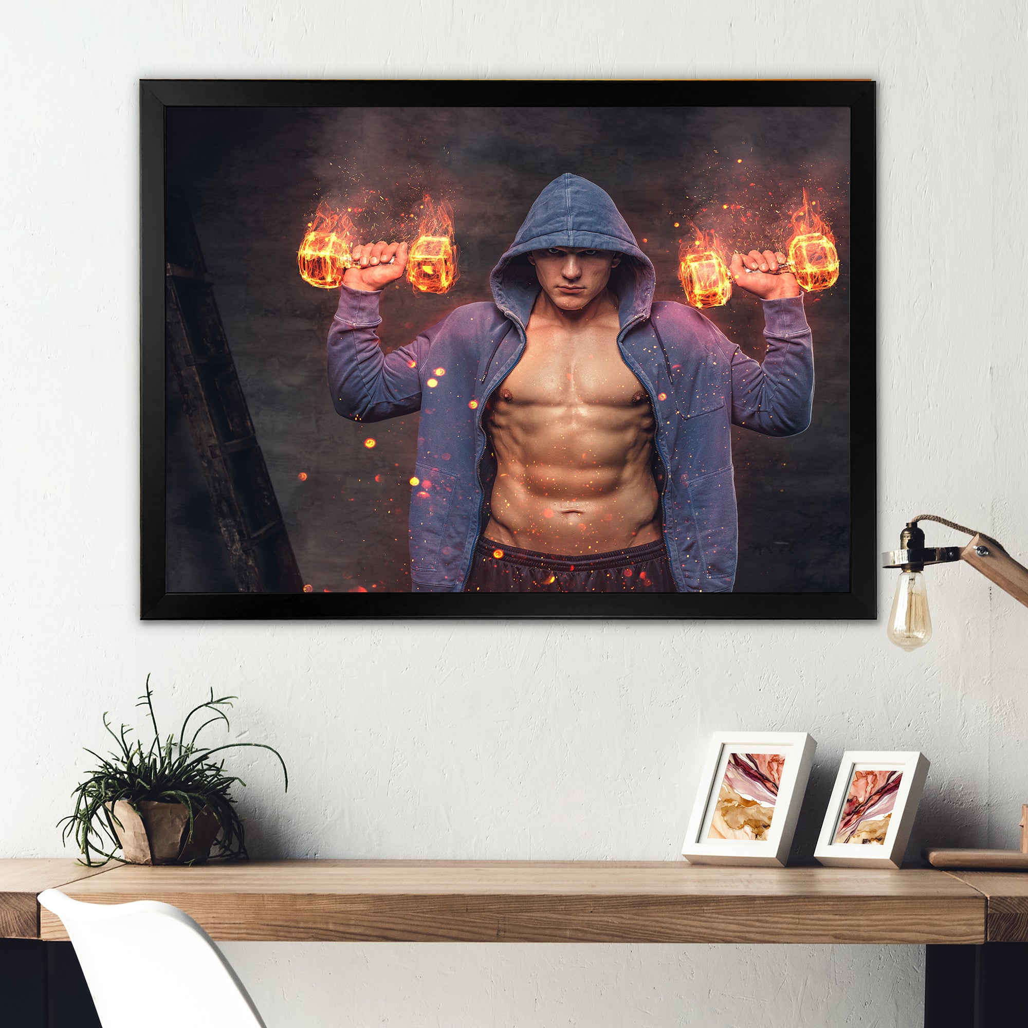 Builder Holds Burning Dumbbells - Aerobic & Bodybuilding Canvas Wall Art