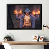 Builder Holds Burning Dumbbells - Aerobic & Bodybuilding Canvas Wall Art