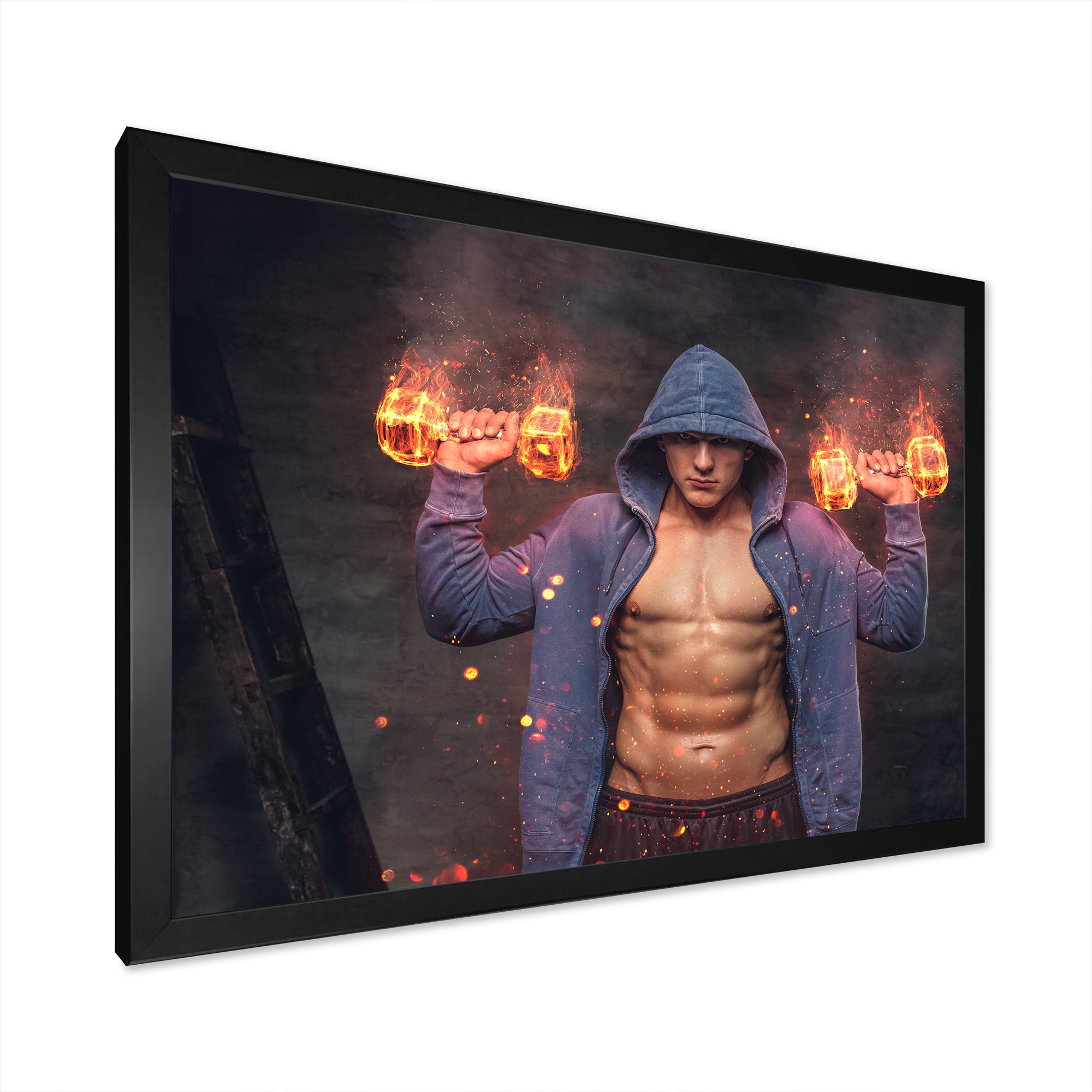 Builder Holds Burning Dumbbells - Aerobic & Bodybuilding Canvas Wall Art