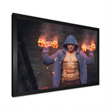 Builder Holds Burning Dumbbells - Aerobic & Bodybuilding Canvas Wall Art