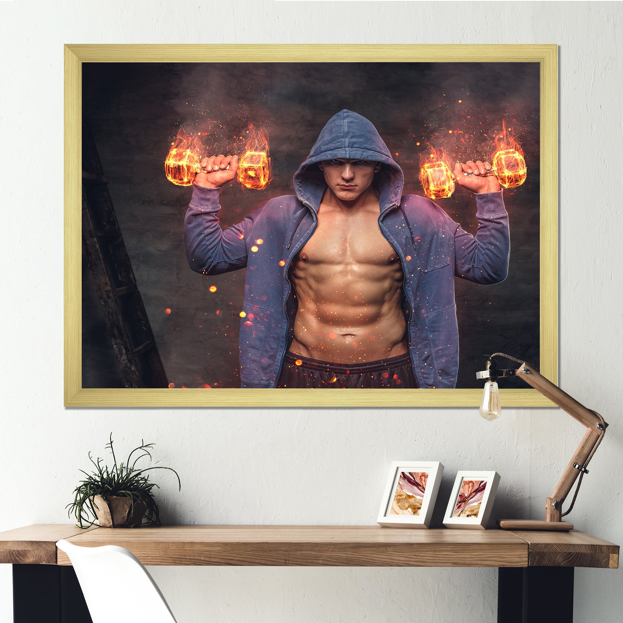 Builder Holds Burning Dumbbells - Aerobic & Bodybuilding Canvas Wall Art