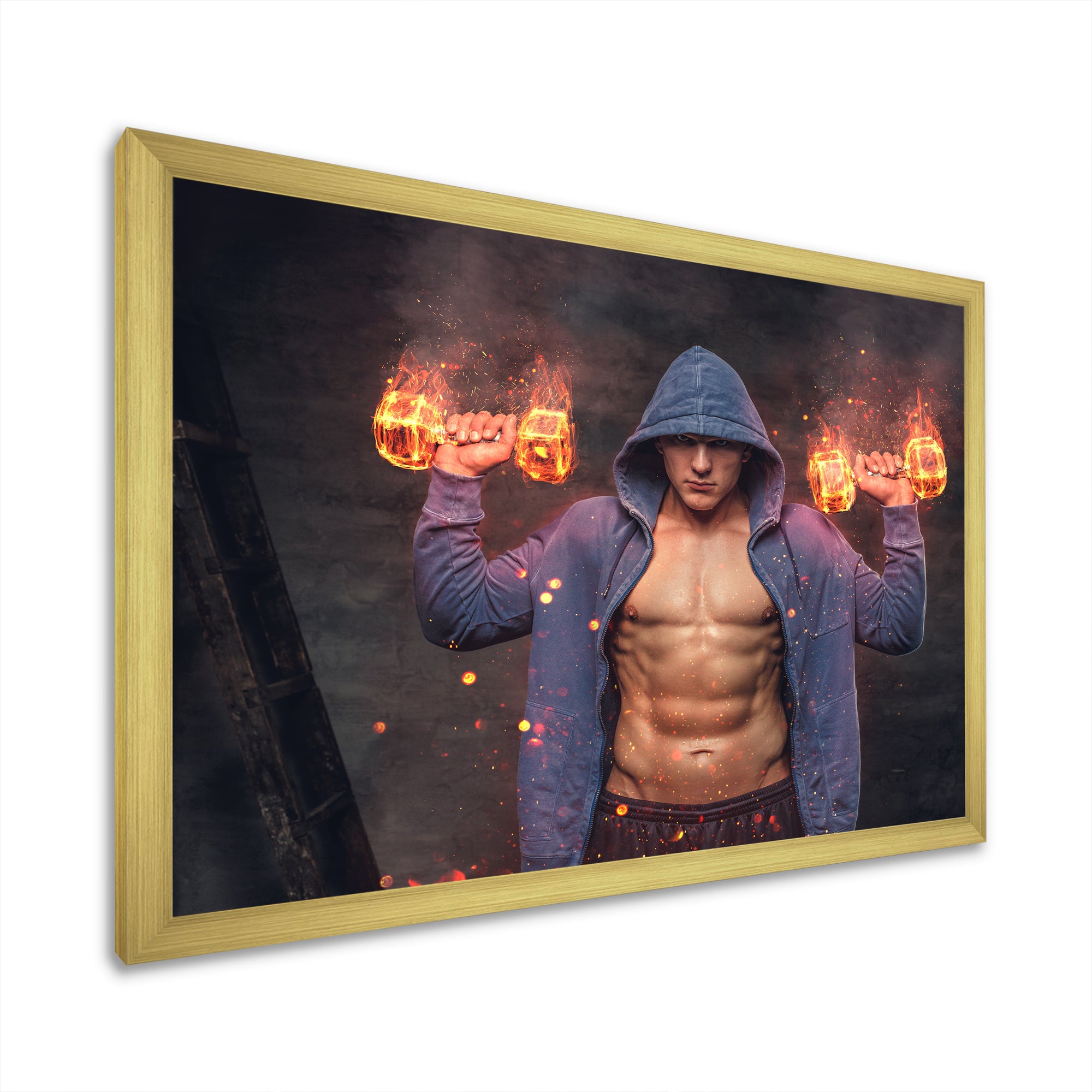 Builder Holds Burning Dumbbells - Aerobic & Bodybuilding Canvas Wall Art