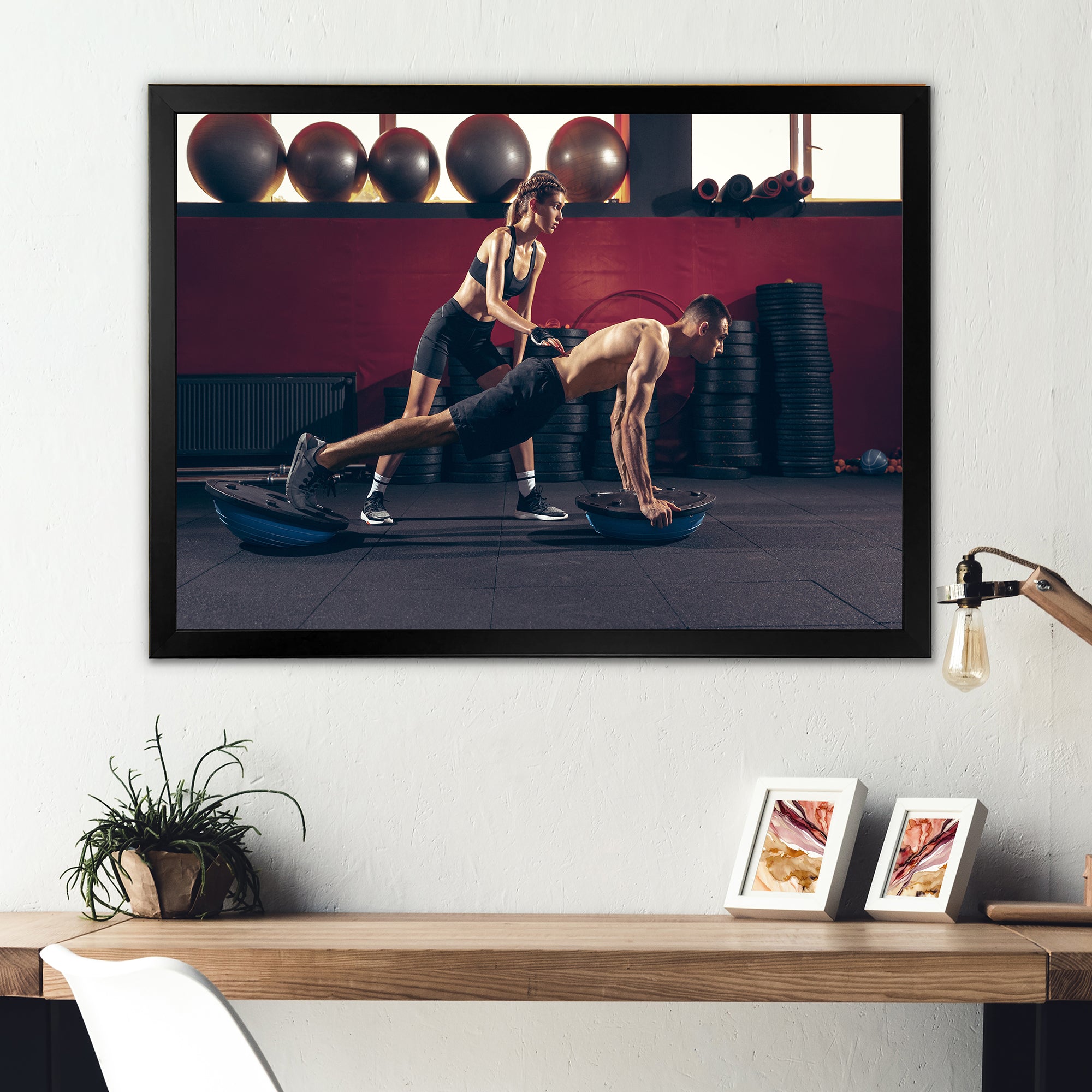 Athletic Man Woman With Dumbbells - Aerobic & Bodybuilding Canvas Wall Art