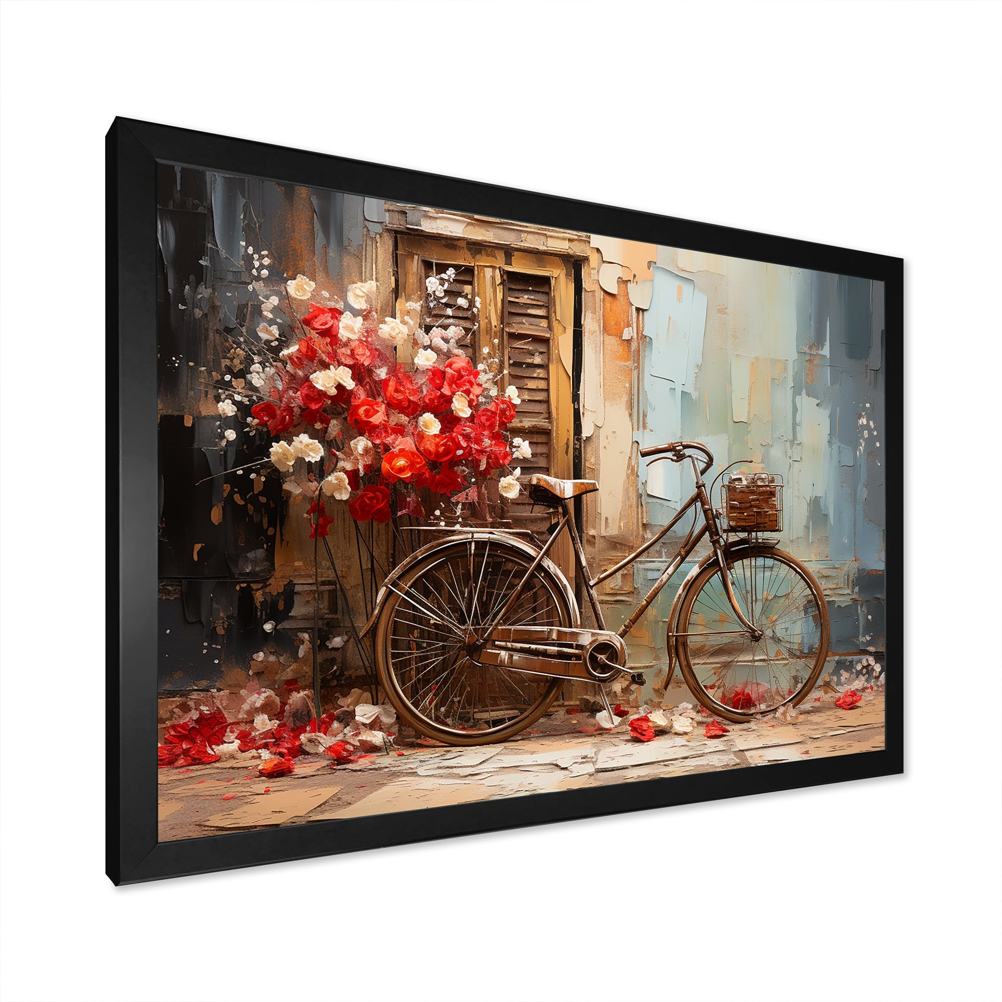 Crimson Ride Red Flowers - Bicycle Canvas Wall Art