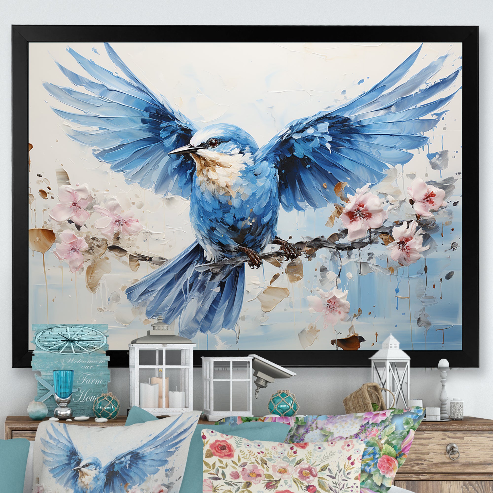 Blue Hues A Serene Scene Of Birds - Bird Large Canvas Wall Art