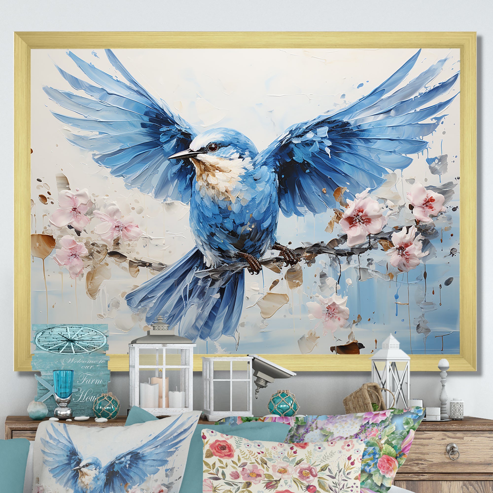 Blue Hues A Serene Scene Of Birds - Bird Large Canvas Wall Art