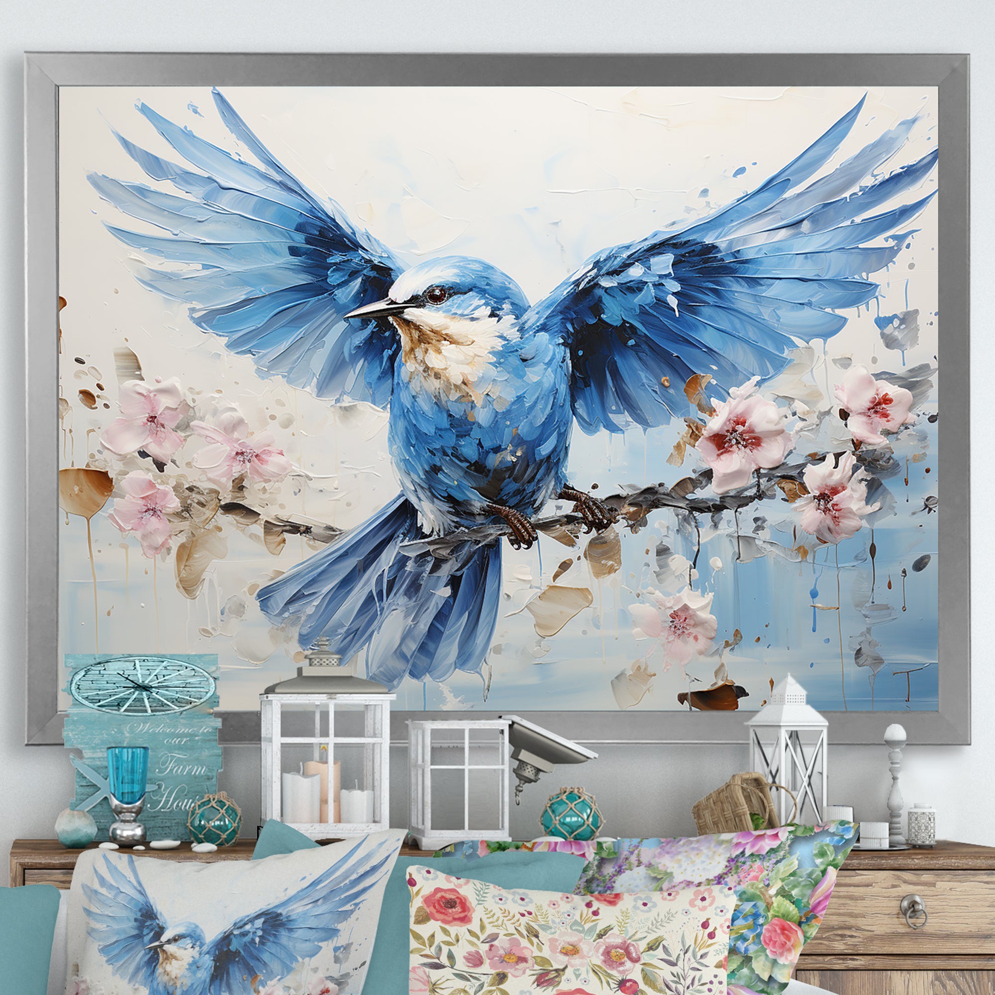 Blue Hues A Serene Scene Of Birds - Bird Large Canvas Wall Art