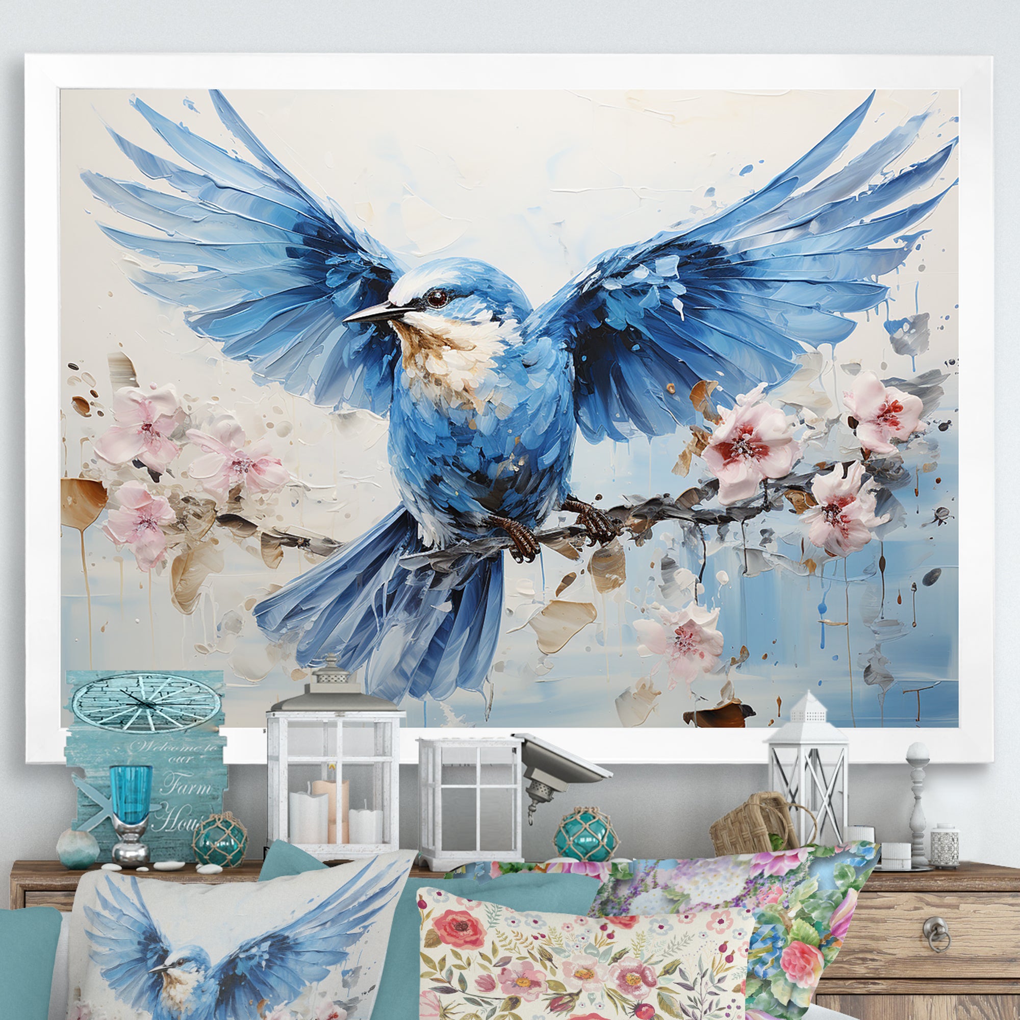 Blue Hues A Serene Scene Of Birds - Bird Large Canvas Wall Art