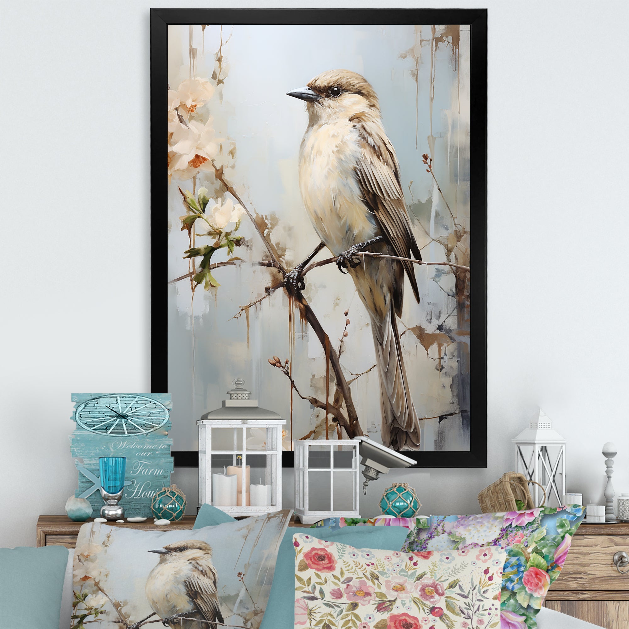 Minimalism Beige Bird On Branch - Bird Wall Decor