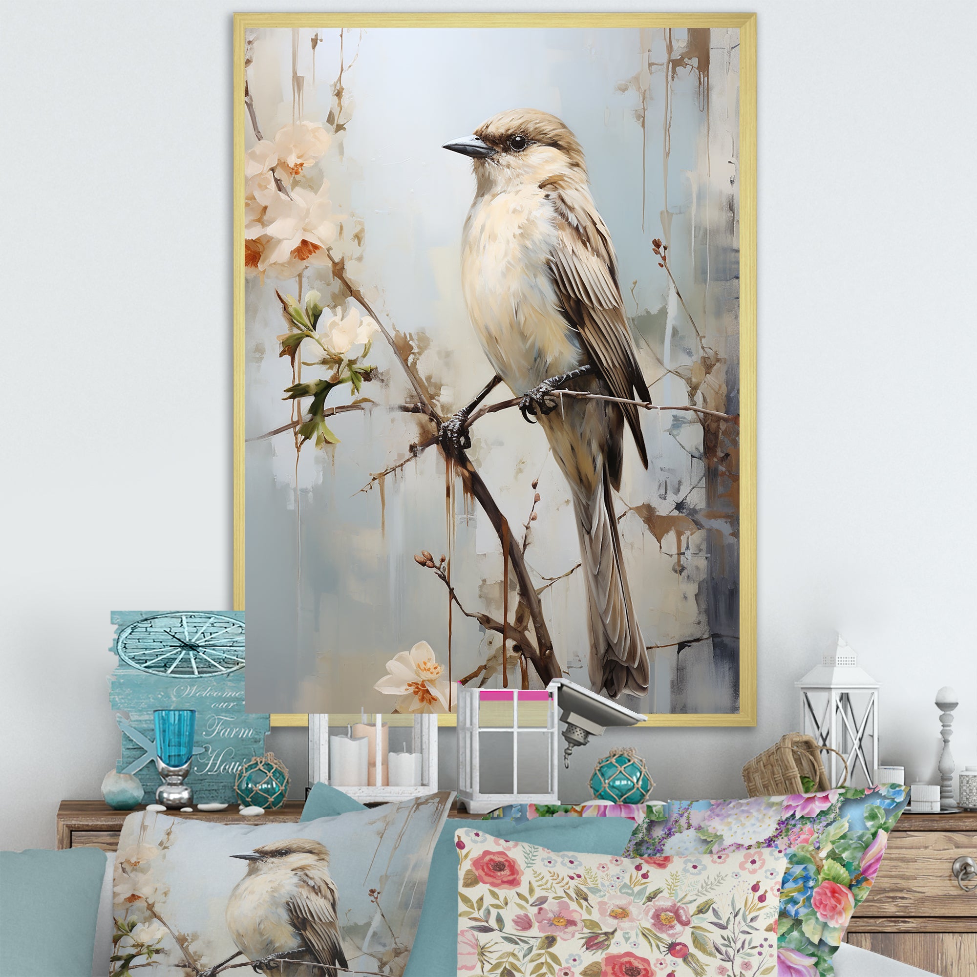 Minimalism Beige Bird On Branch - Bird Wall Decor