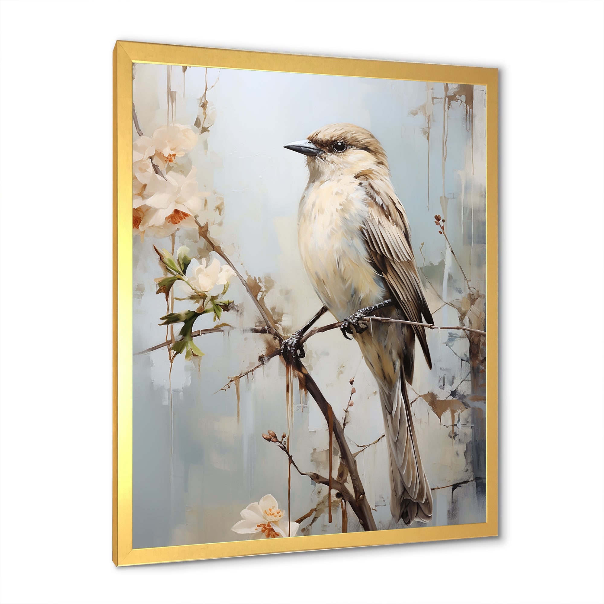 Minimalism Beige Bird On Branch - Bird Wall Decor