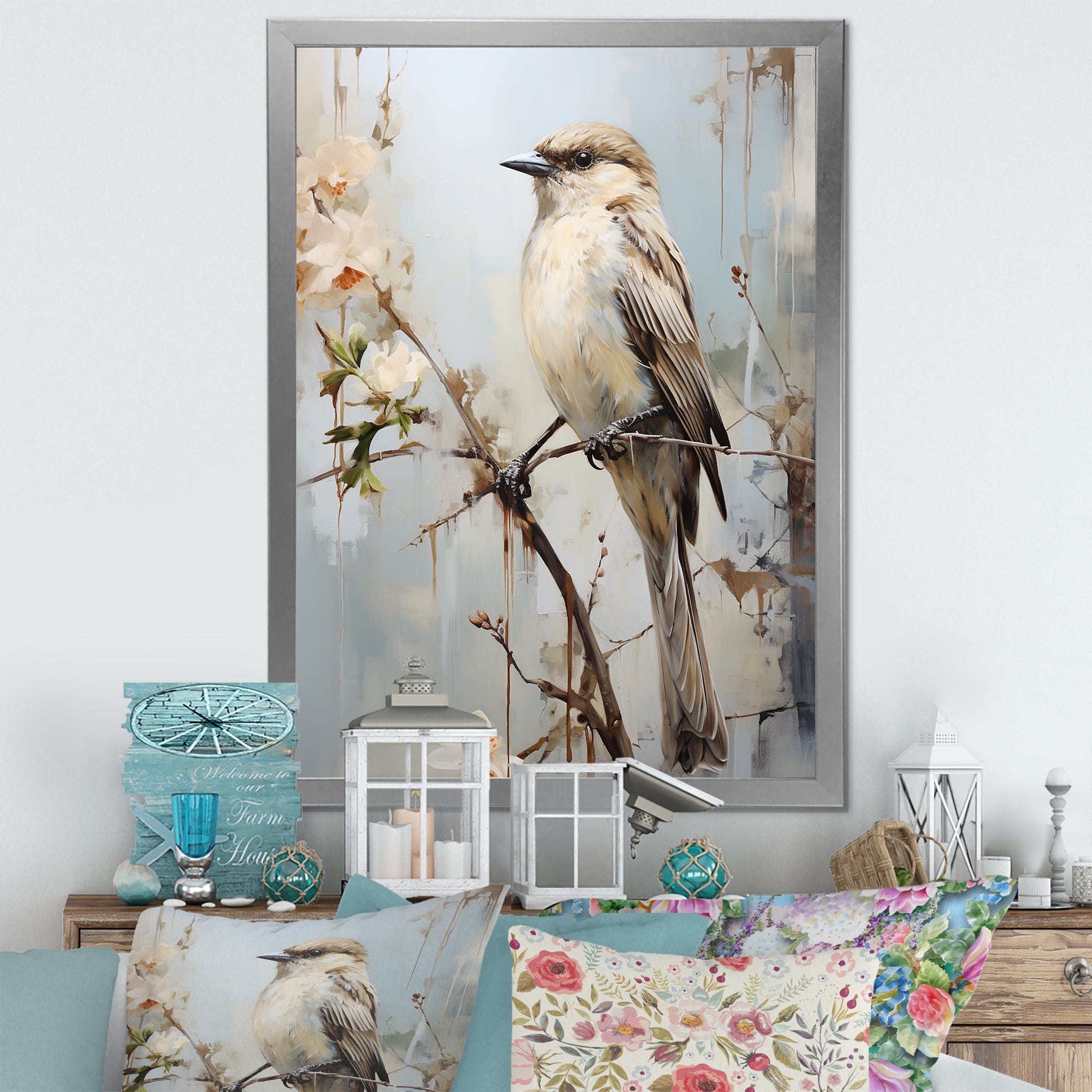 Minimalism Beige Bird On Branch - Bird Wall Decor