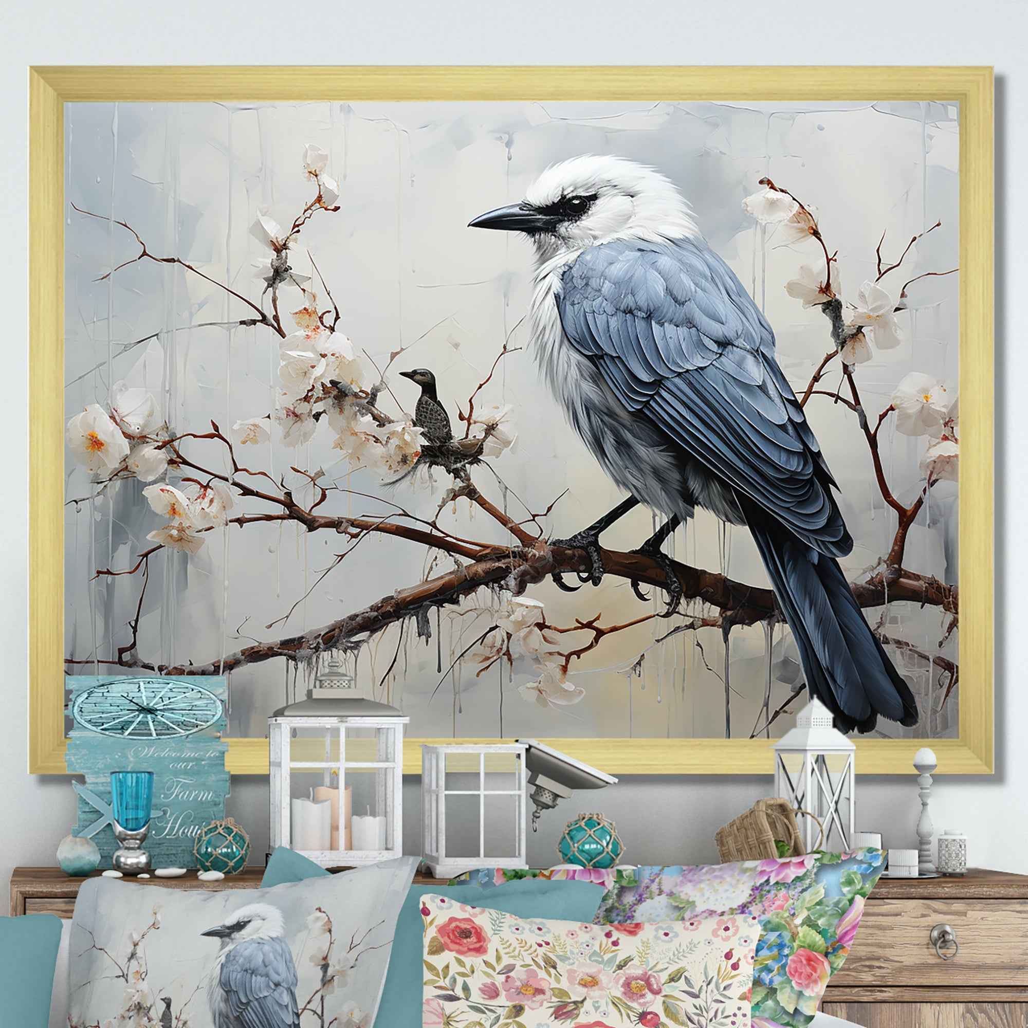 Misty Blue Ray Bird On Branch - Bird Wall Art Prints