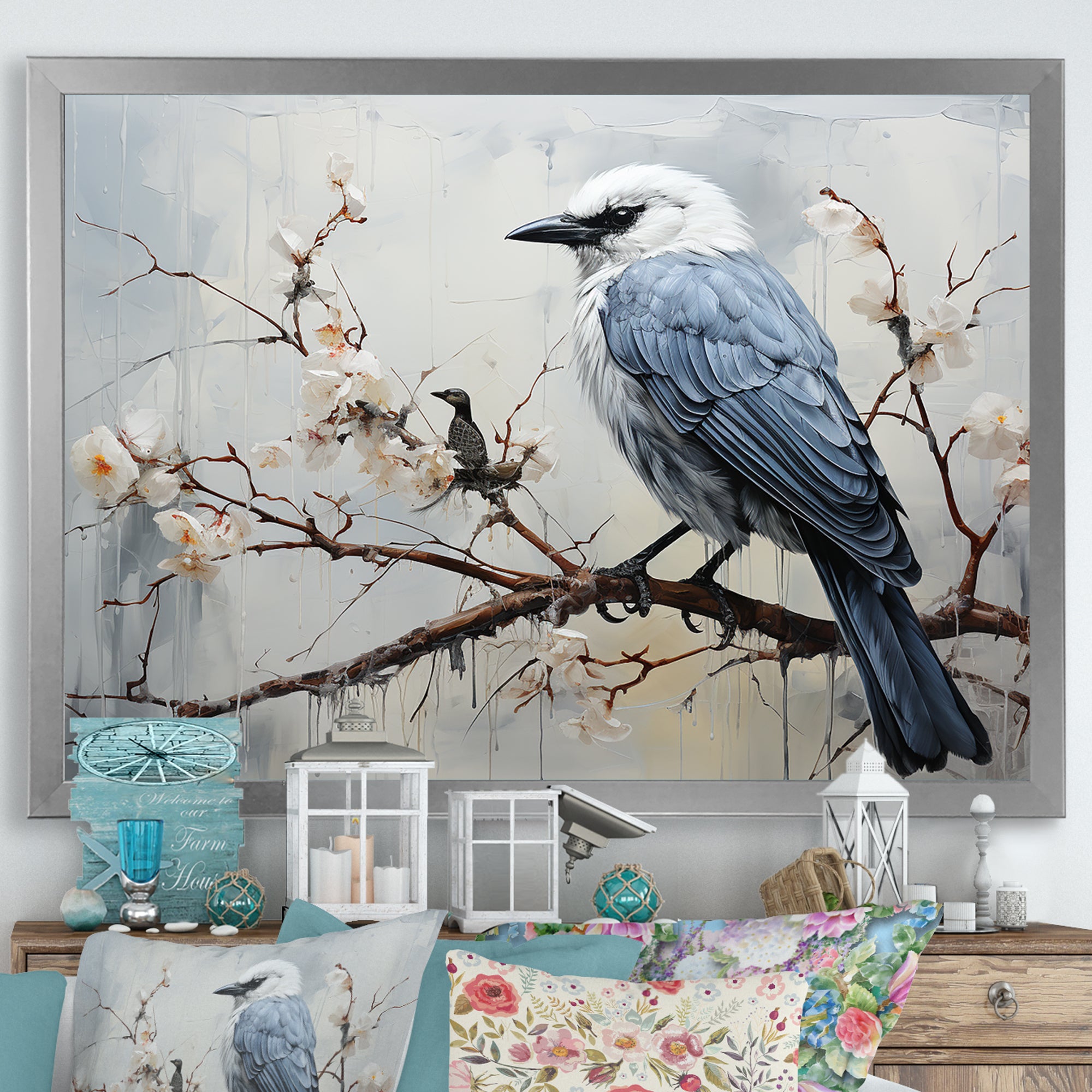 Misty Blue Ray Bird On Branch - Bird Wall Art Prints
