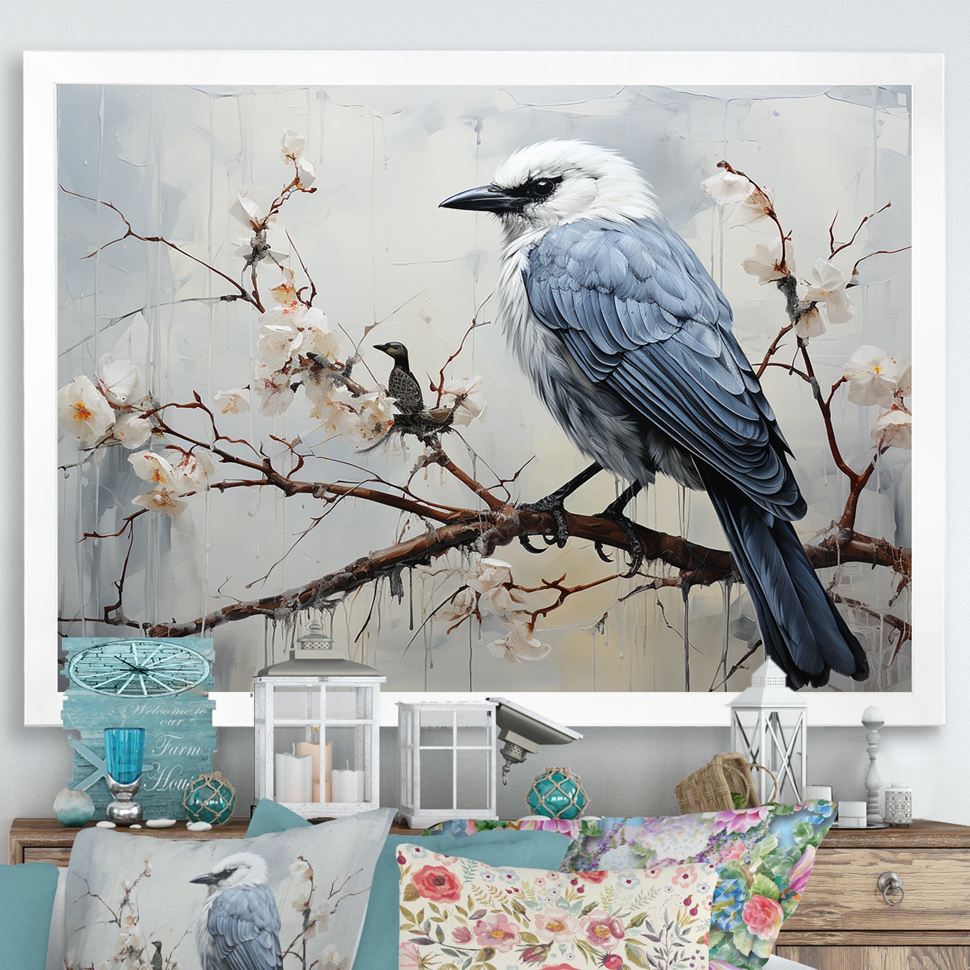 Misty Blue Ray Bird On Branch - Bird Wall Art Prints