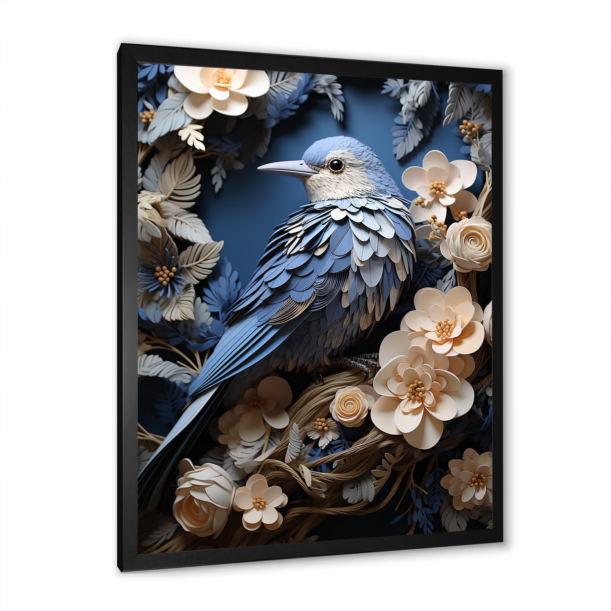 Surreal Nest Bird On Flowers - Blue Bird Wall Art