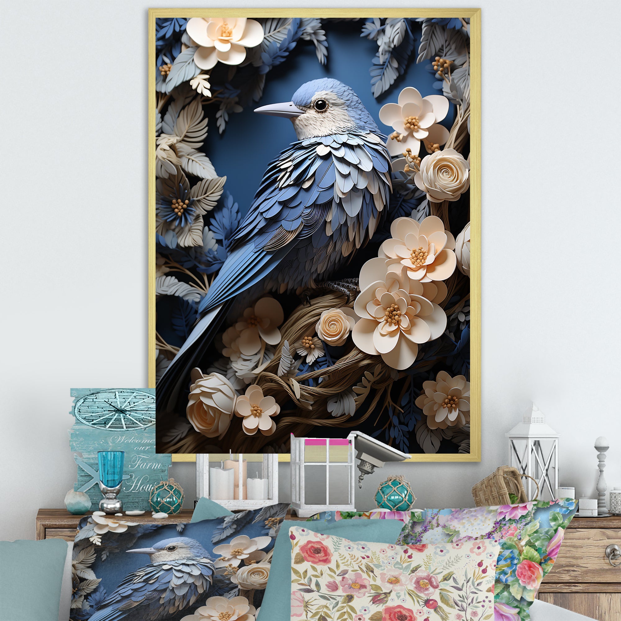 Surreal Nest Bird On Flowers - Blue Bird Wall Art