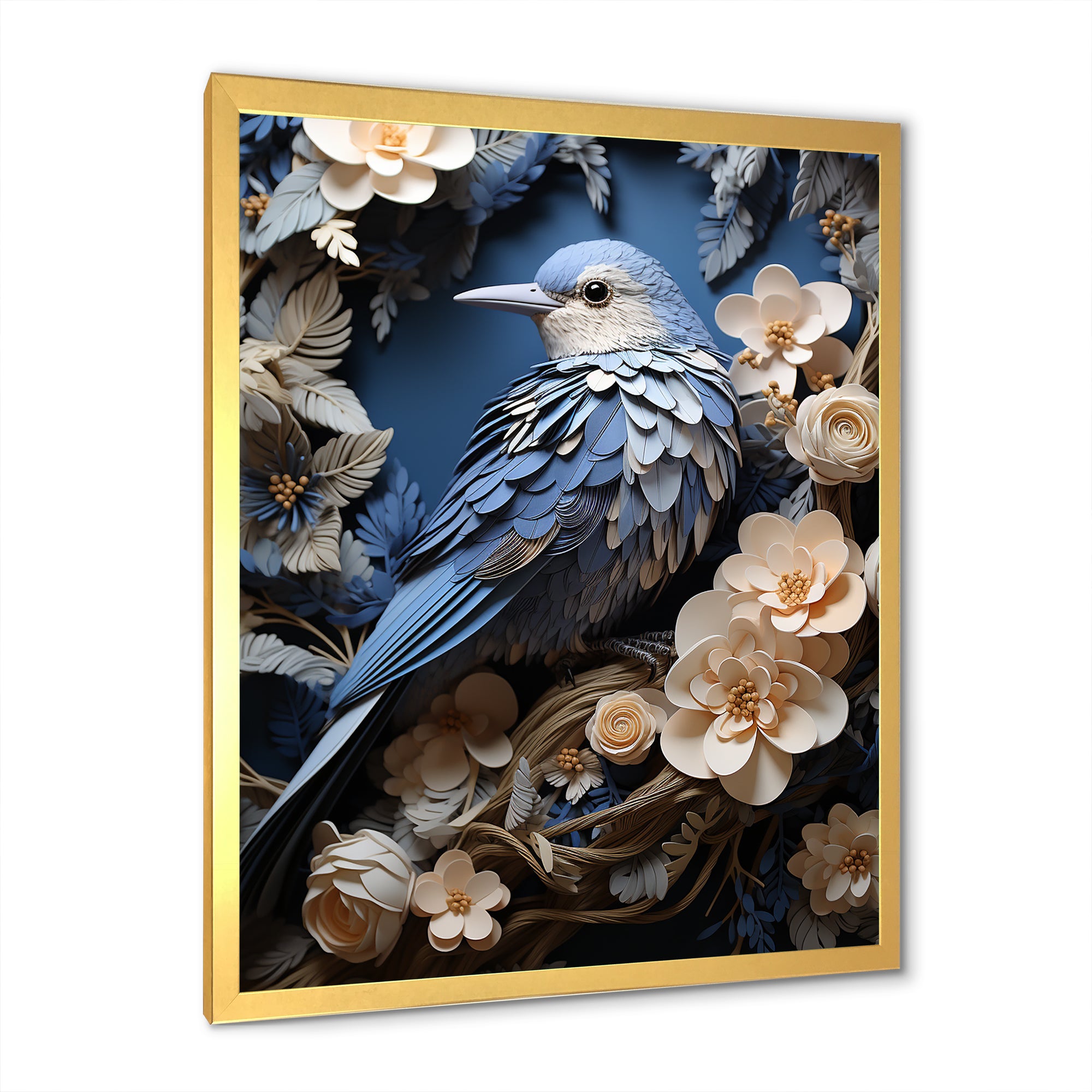 Surreal Nest Bird On Flowers - Blue Bird Wall Art