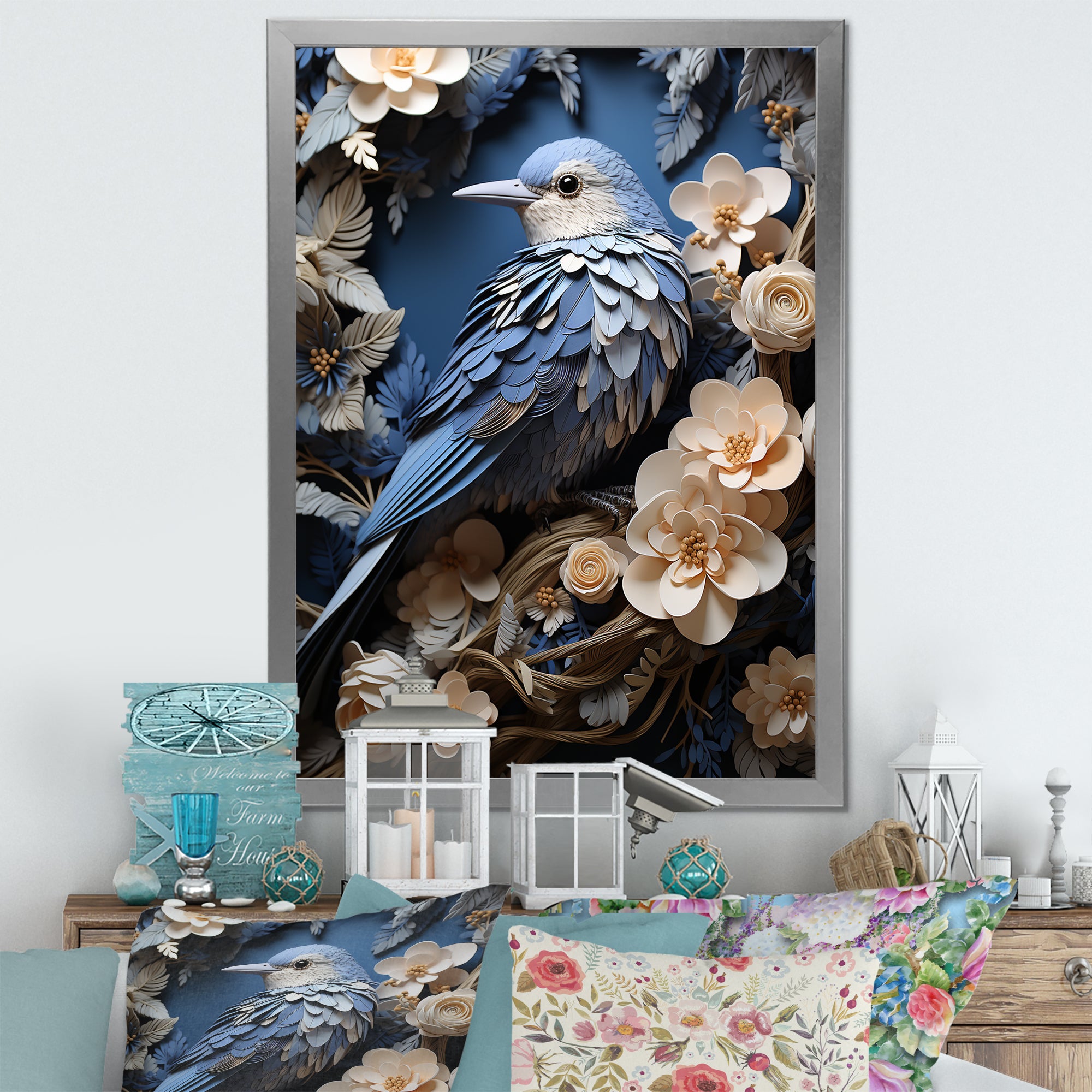 Surreal Nest Bird On Flowers - Blue Bird Wall Art