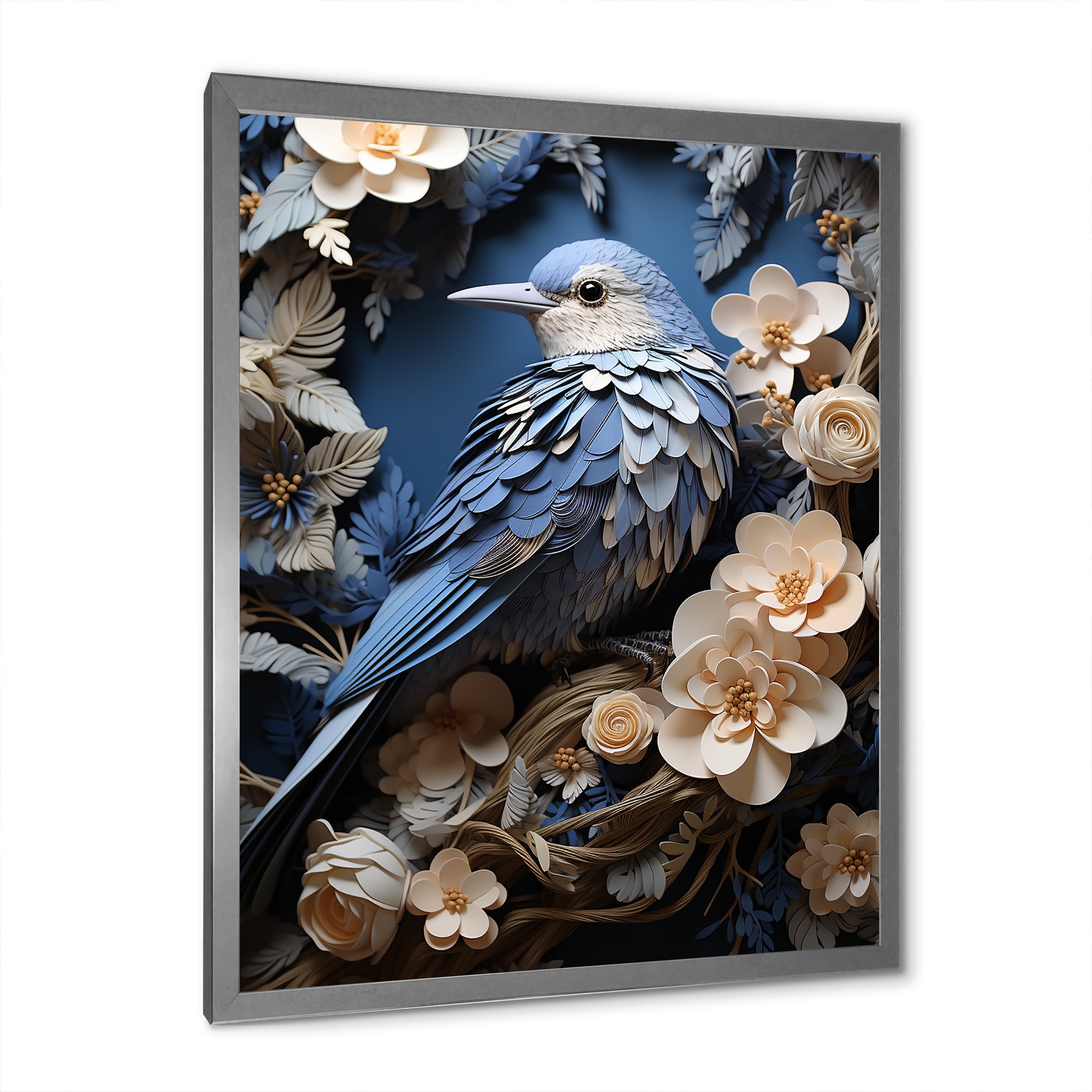 Surreal Nest Bird On Flowers - Blue Bird Wall Art