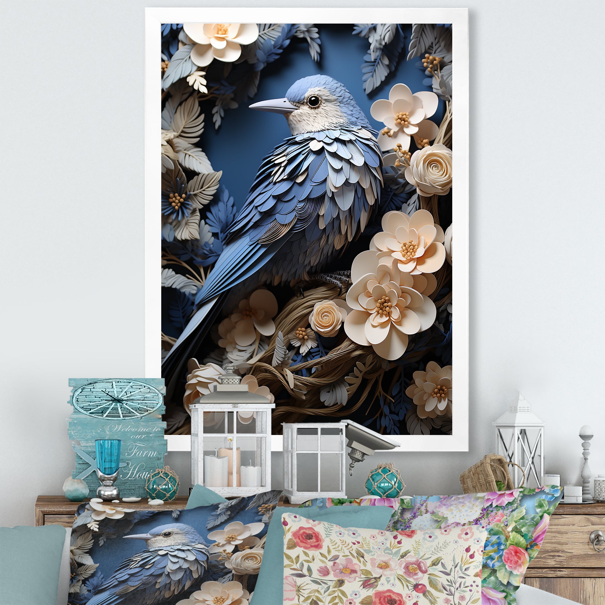 Surreal Nest Bird On Flowers - Blue Bird Wall Art