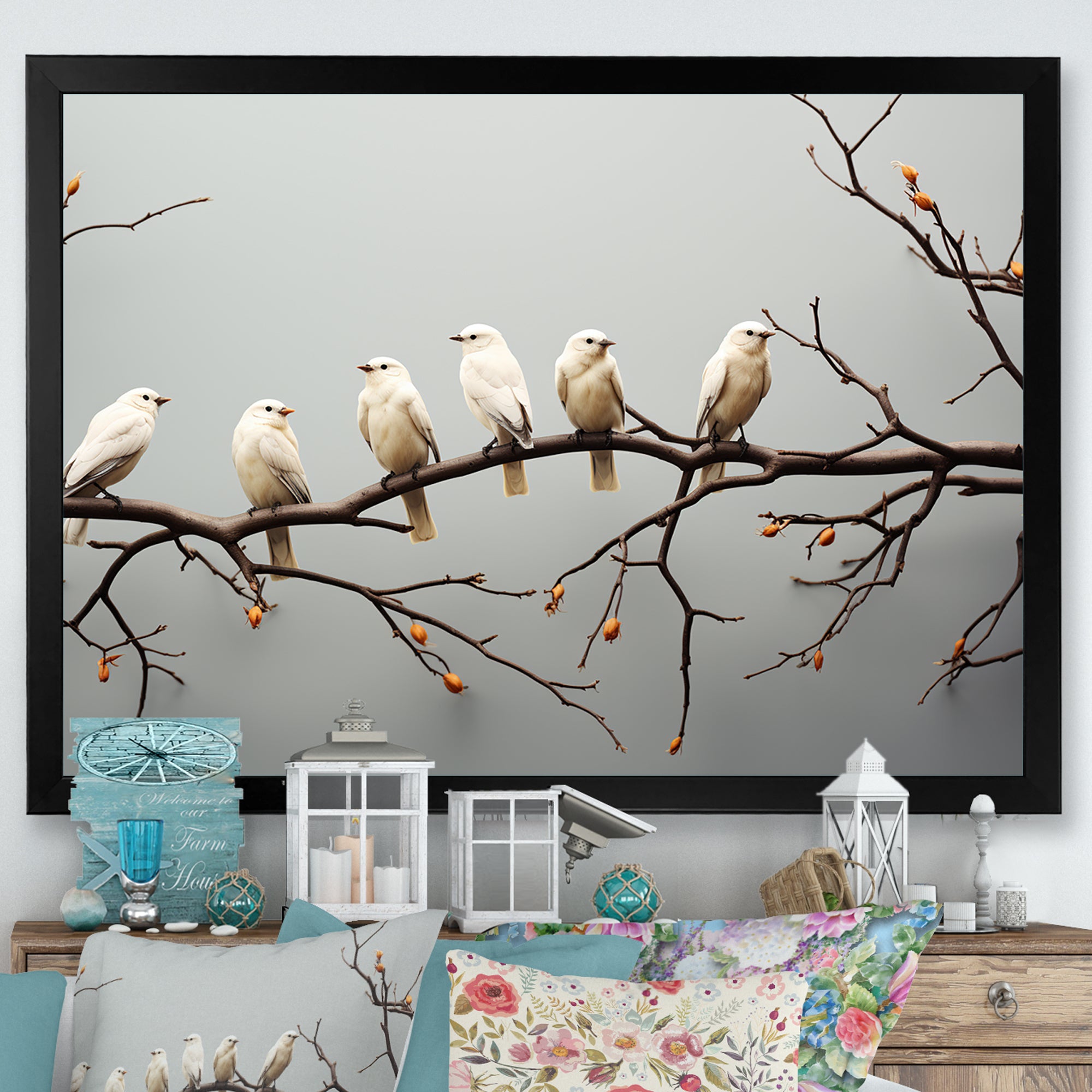 Contemporary Flock Of Birds On Branch - Bird Home Decor Art
