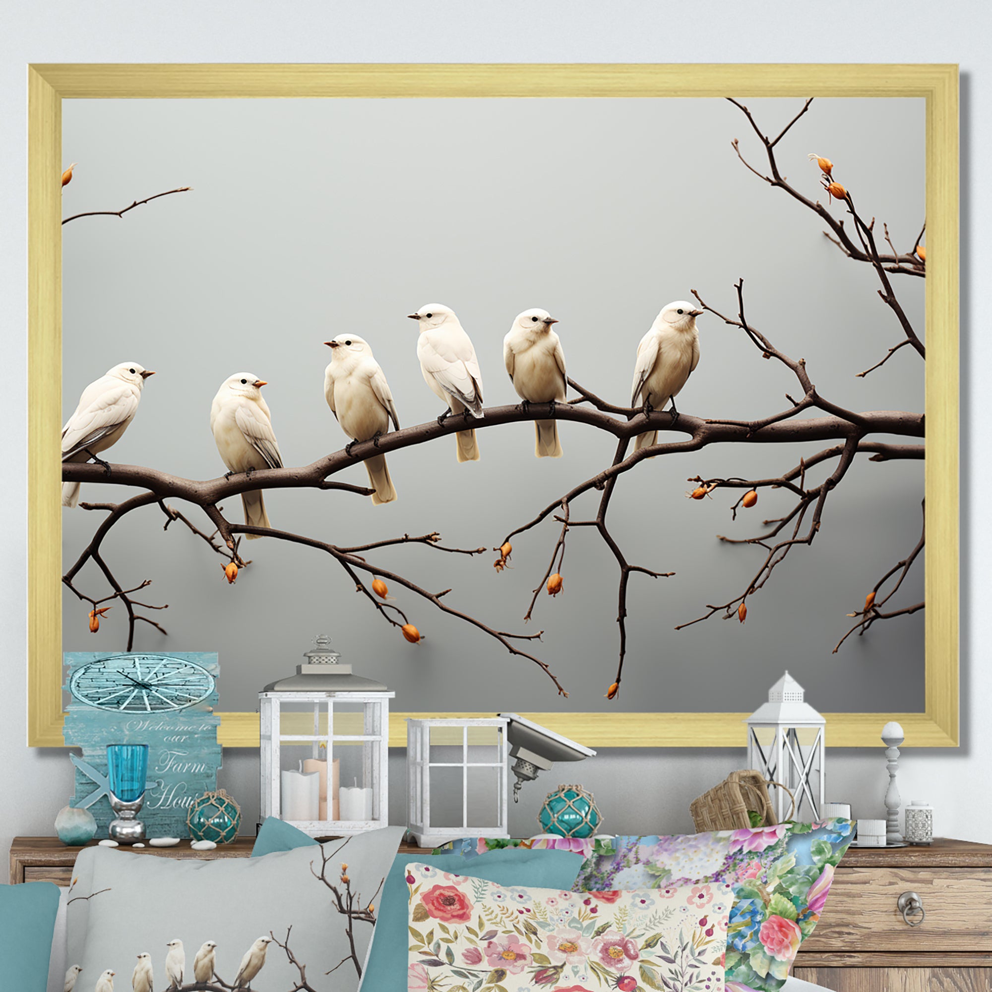 Contemporary Flock Of Birds On Branch - Bird Home Decor Art