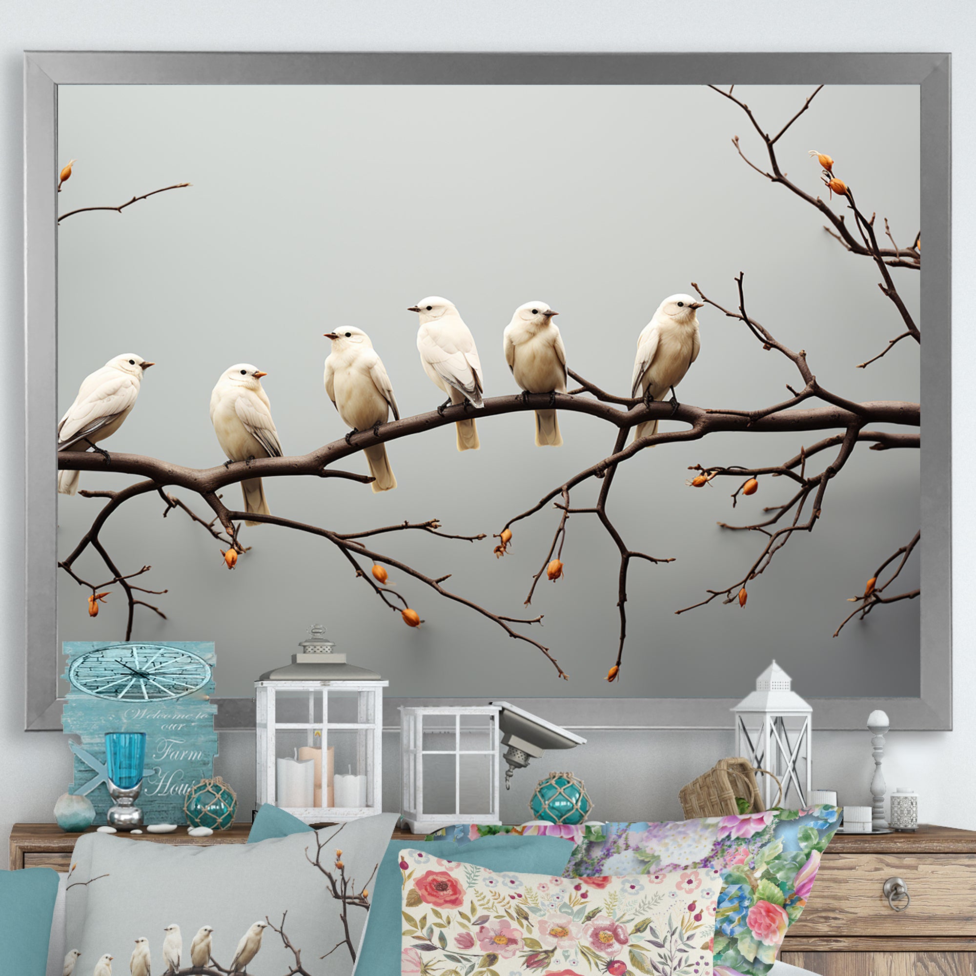 Contemporary Flock Of Birds On Branch - Bird Home Decor Art