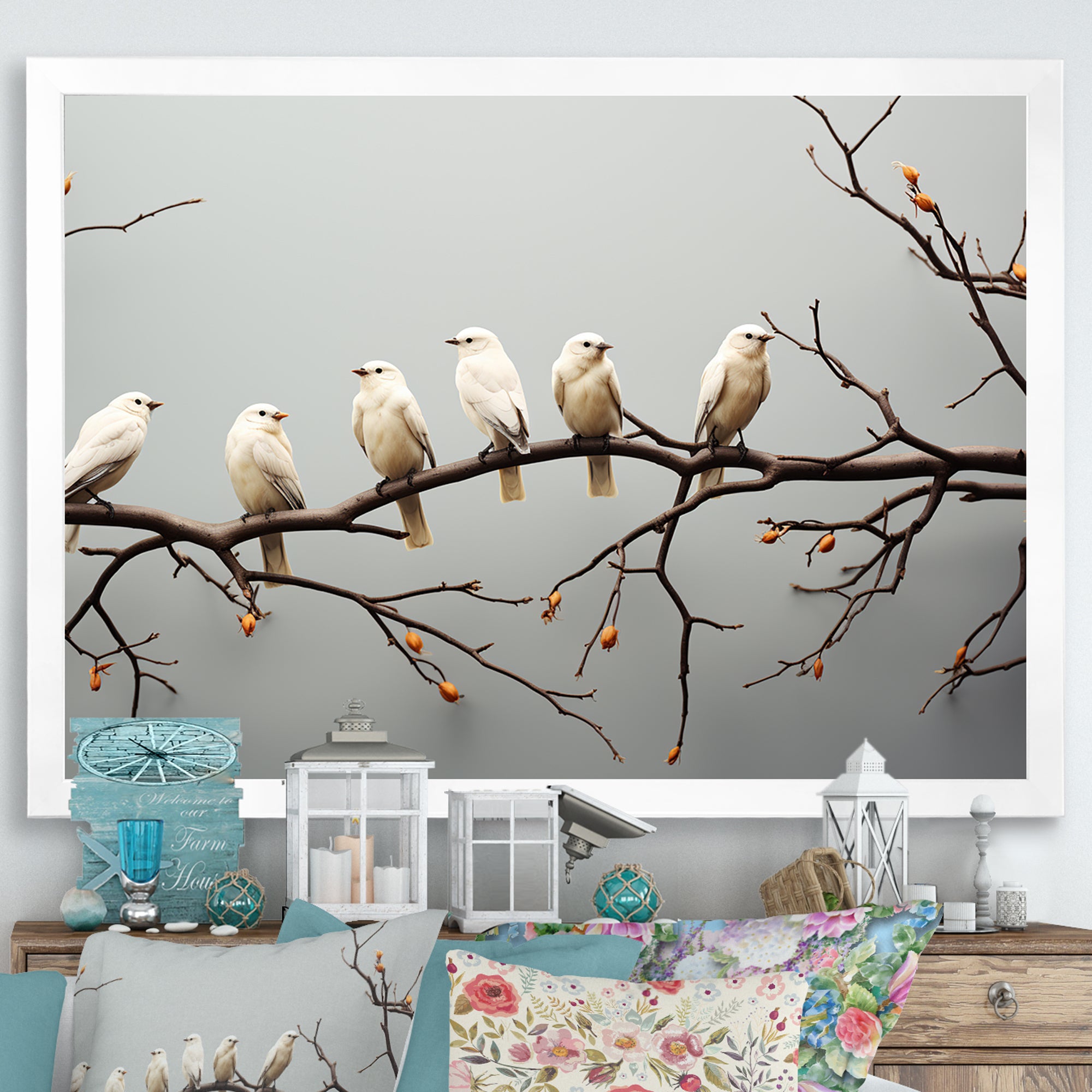 Contemporary Flock Of Birds On Branch - Bird Home Decor Art